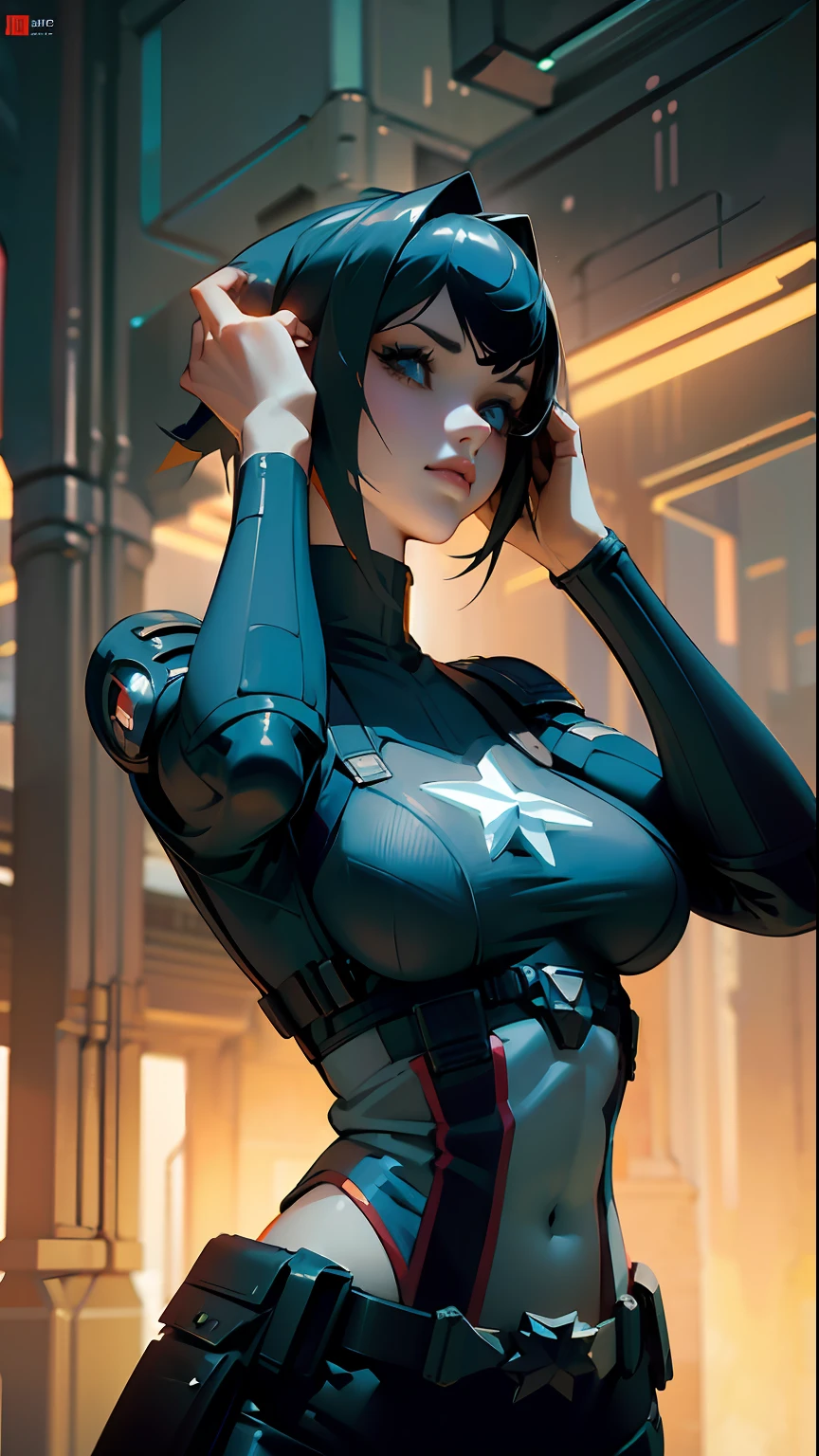 ((Best quality)), ((masterpiece)), (detailed: 1.4), 3D, cyberpunk, a beautiful woman big breasts, body set using Captain America cosplay