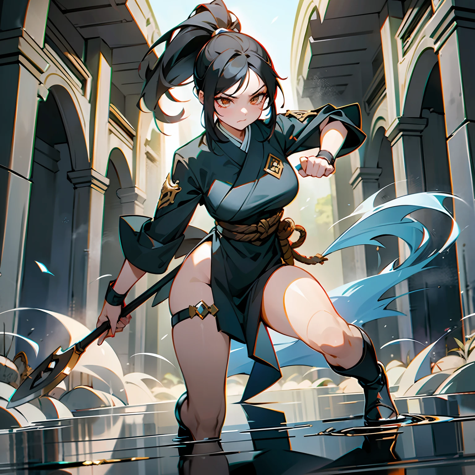 an adventurous young woman with determined traits and a fearless appearance. Her black hair is tied up in a high ponytail and she has expressive and determined eyes. She wears a practical and resistant outfit, with earthy tones and details inspired by Japanese culture. Powers: Lara is an expert in hand-to-hand combat and the use of the shovel as a weapon. She combines her agility and combat skills with the dexterity of handling a shovel, which possesses magical properties. The divine shovel allows her to summon powerful spells and release waves of energy that can purify and destroy enemies. Setting: is an explorer who travels through ancient ruins and dangerous landscapes in search of powerful artifacts. Her journey takes her to mystical and haunted places, where she faces supernatural creatures and beings of darkness. Your goal is to unravel the hidden secrets behind these artifacts and protect the world from the dangers that can be unleashed by themDynamic pose, cinematic lights, cinematic shadows, cinematic atmosphere, high resolution, masterpiece