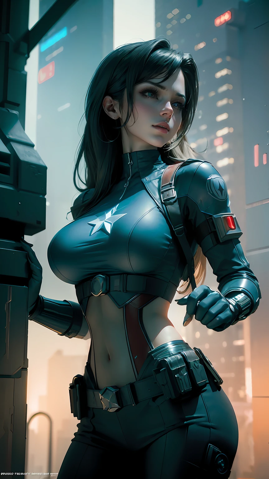 ((Best quality)), ((masterpiece)), (detailed: 1.4), 3D, cyberpunk, a beautiful woman big breasts, body set using Captain America cosplay