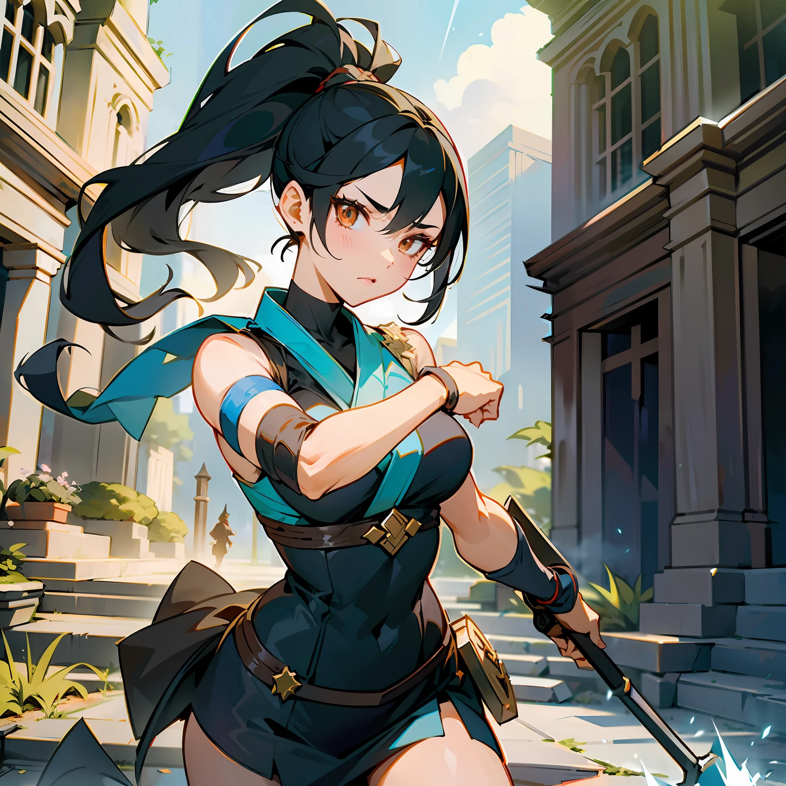 an adventurous young woman with determined traits and a fearless appearance. Her black hair is tied up in a high ponytail and she has expressive and determined eyes. She wears a practical and resistant outfit, with earthy tones and details inspired by Japanese culture. Powers: Lara is an expert in hand-to-hand combat and the use of the shovel as a weapon. She combines her agility and combat skills with the dexterity of handling a shovel, which possesses magical properties. The divine shovel allows her to summon powerful spells and release waves of energy that can purify and destroy enemies. Setting: is an explorer who travels through ancient ruins and dangerous landscapes in search of powerful artifacts. Her journey takes her to mystical and haunted places, where she faces supernatural creatures and beings of darkness. Your goal is to unravel the hidden secrets behind these artifacts and protect the world from the dangers that can be unleashed by themDynamic pose, cinematic lights, cinematic shadows, cinematic atmosphere, high resolution, masterpiece