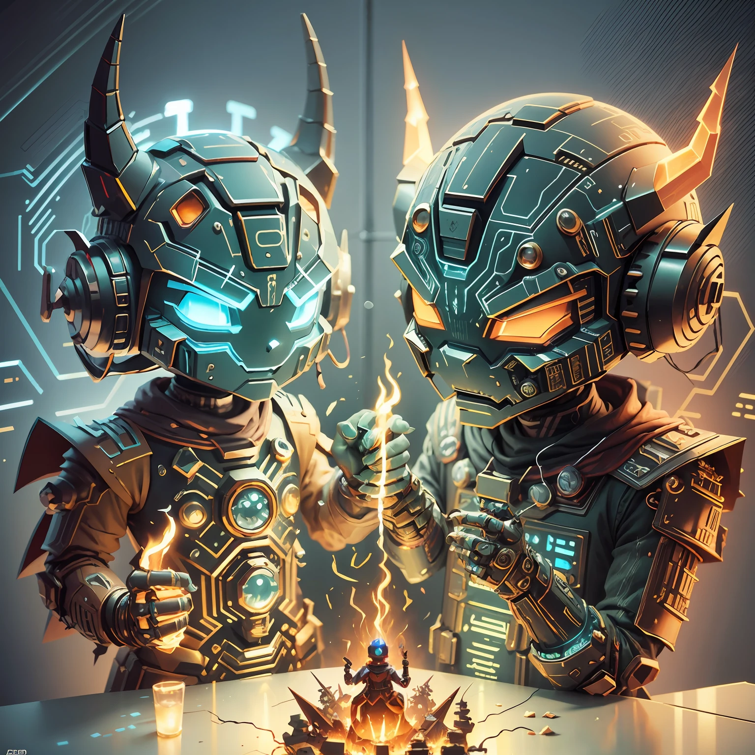 3d cartoon illustration of a horned character with a glowing fire in the background, low poly toonix character, with robot dragon head, futuristic robot devil, cute cyber gods, an evil alien astronaut, in a horned helmet, gray alien, monster character design, cute monster character design, advanced digital chibi art, alien design, scifi character, promethean alien engineer, robot wizard --auto --s2