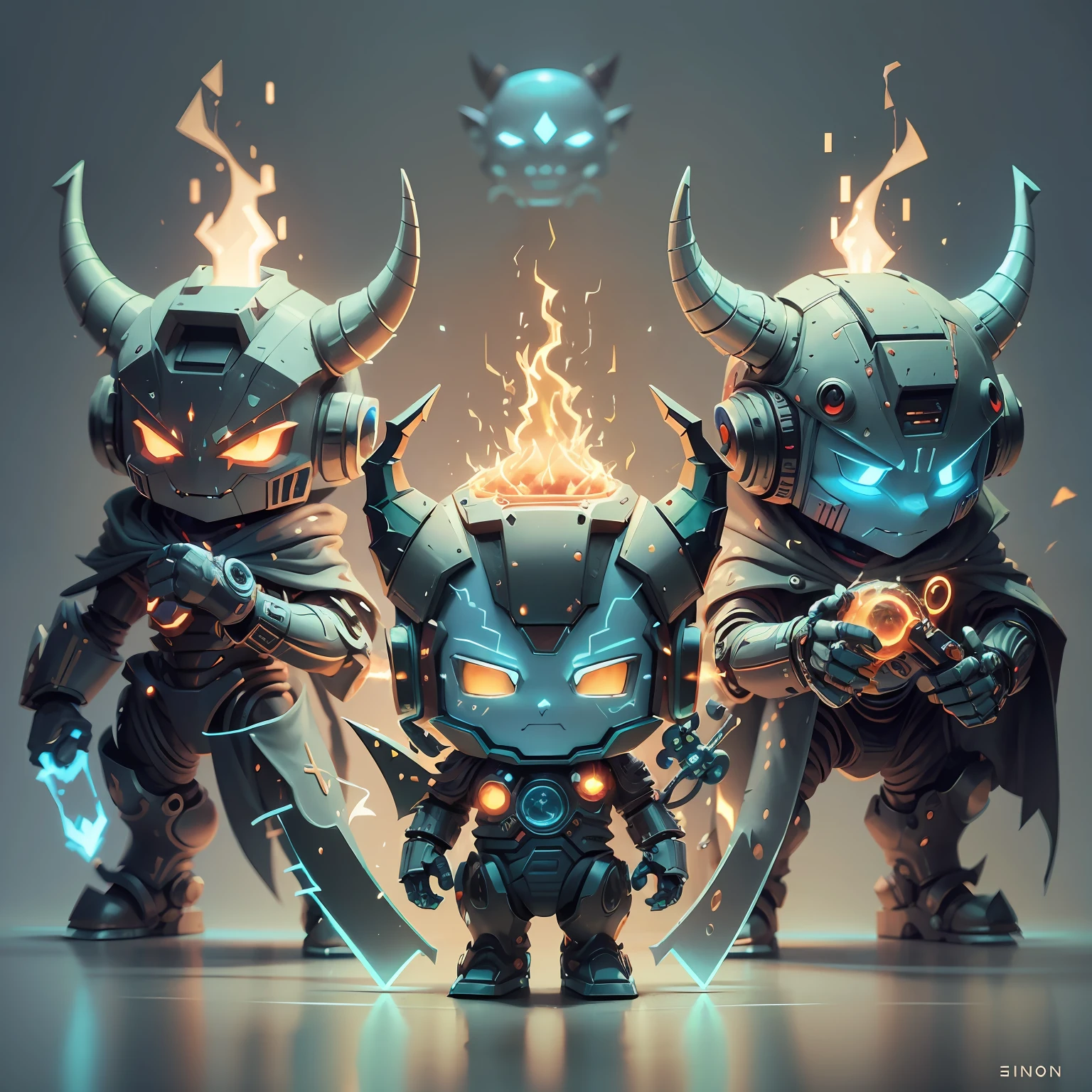 3d cartoon illustration of a horned character with a glowing fire in the background, low poly toonix character, with robot dragon head, futuristic robot devil, cute cyber gods, an evil alien astronaut, in a horned helmet, gray alien, monster character design, cute monster character design, advanced digital chibi art, alien design, scifi character, promethean alien engineer, robot wizard --auto --s2