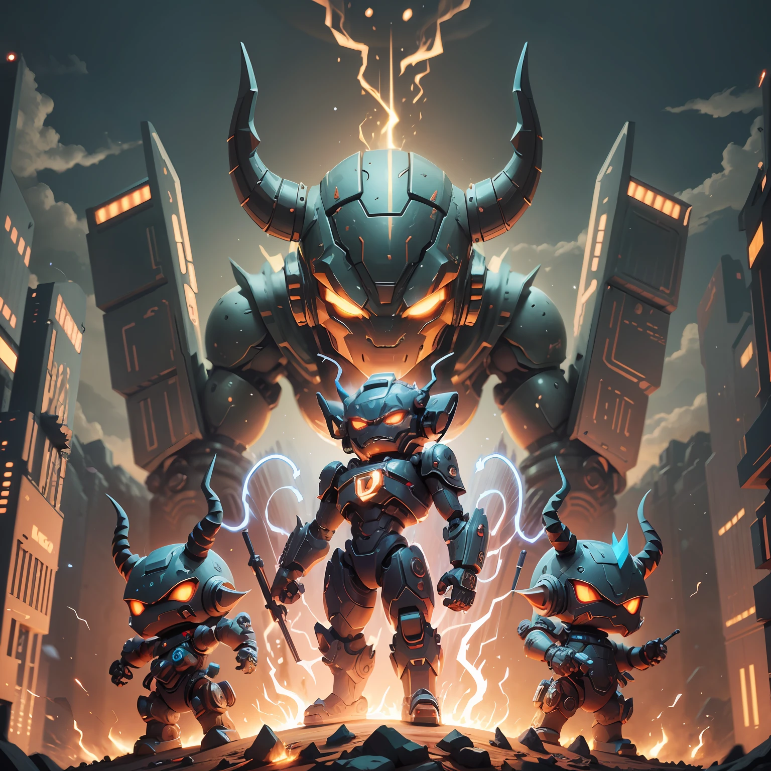3d cartoon illustration of a horned character with a glowing fire in the background, low poly toonix character, with robot dragon head, futuristic robot devil, cute cyber gods, an evil alien astronaut, in a horned helmet, gray alien, monster character design, cute monster character design, advanced digital chibi art, alien design, scifi character, promethean alien engineer, robot wizard --auto --s2