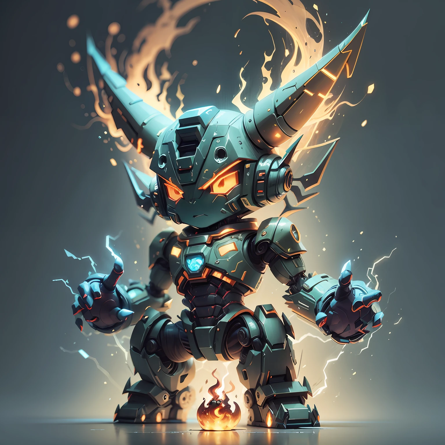 3d cartoon illustration of a horned character with a glowing fire in the background, low poly toonix character, with robot dragon head, futuristic robot devil, cute cyber gods, an evil alien astronaut, in a horned helmet, gray alien, monster character design, cute monster character design, advanced digital chibi art, alien design, scifi character, promethean alien engineer, robot wizard --auto --s2