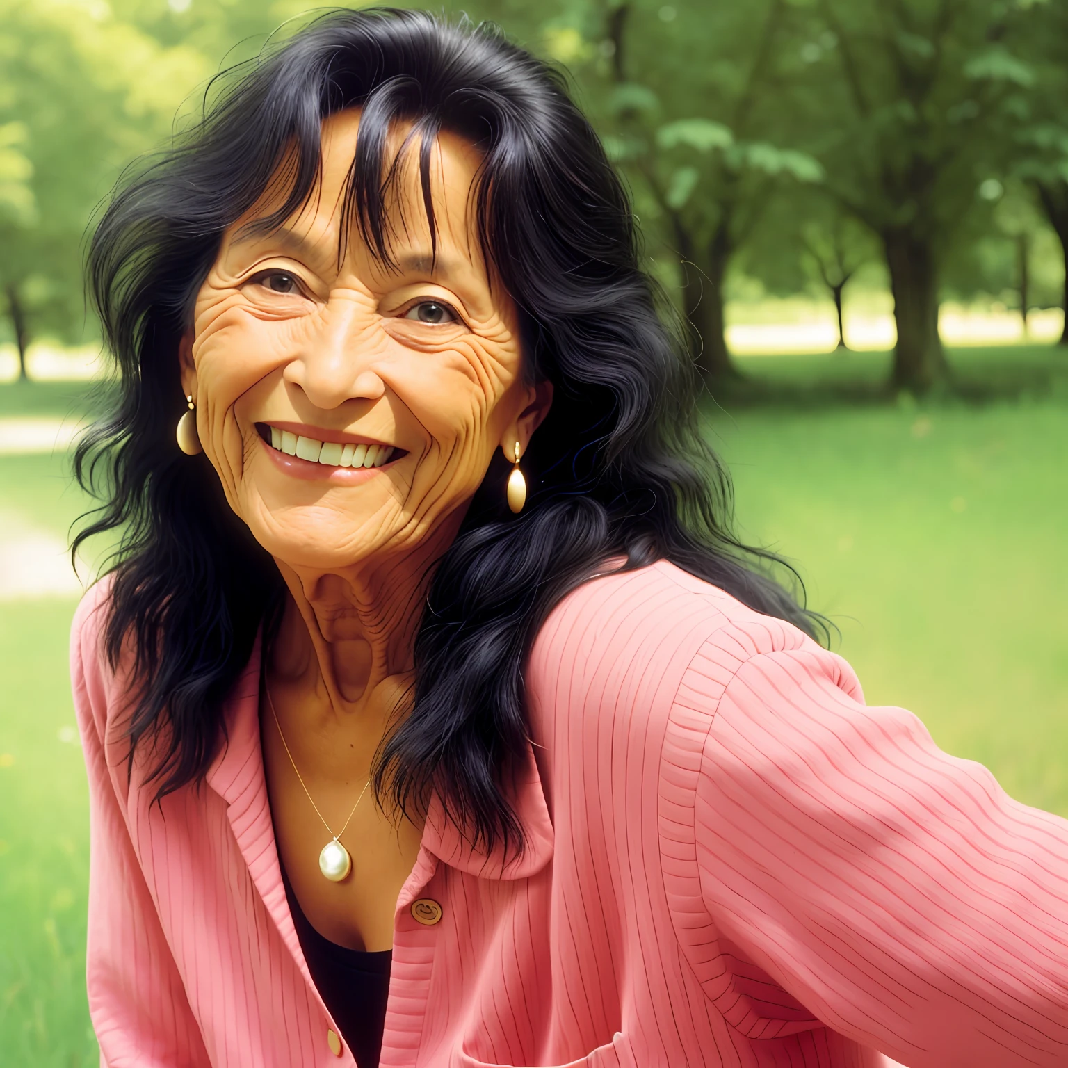 1997 portrait (55 year old woman 1.2) full face, round, tanned skin, long black hair, smiling