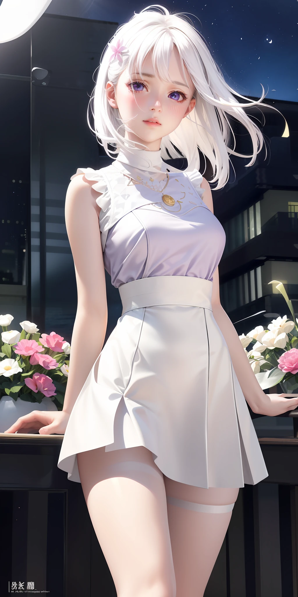 realistic, 1girl, white hair, purple eyes, glowing eyes, skirt, parted lips, blush, night, flowers, sun, sunlight, white skirt, short skirt, medium length hair, real, warm color, white short skirt, white clothes, background color light, day environment, bright color background, saudi, ocean, cute,