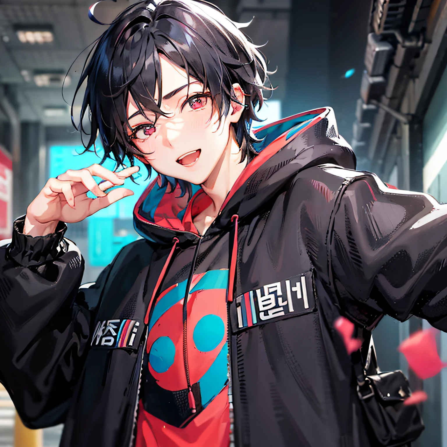 1 boy, handsome boy, black hair, comma hair, forehead comma hair, korean hair, street style, blue pink hoodie, Collor full background, shiny, Red eyes, looking at viewer, upper body, happy face --auto --s2