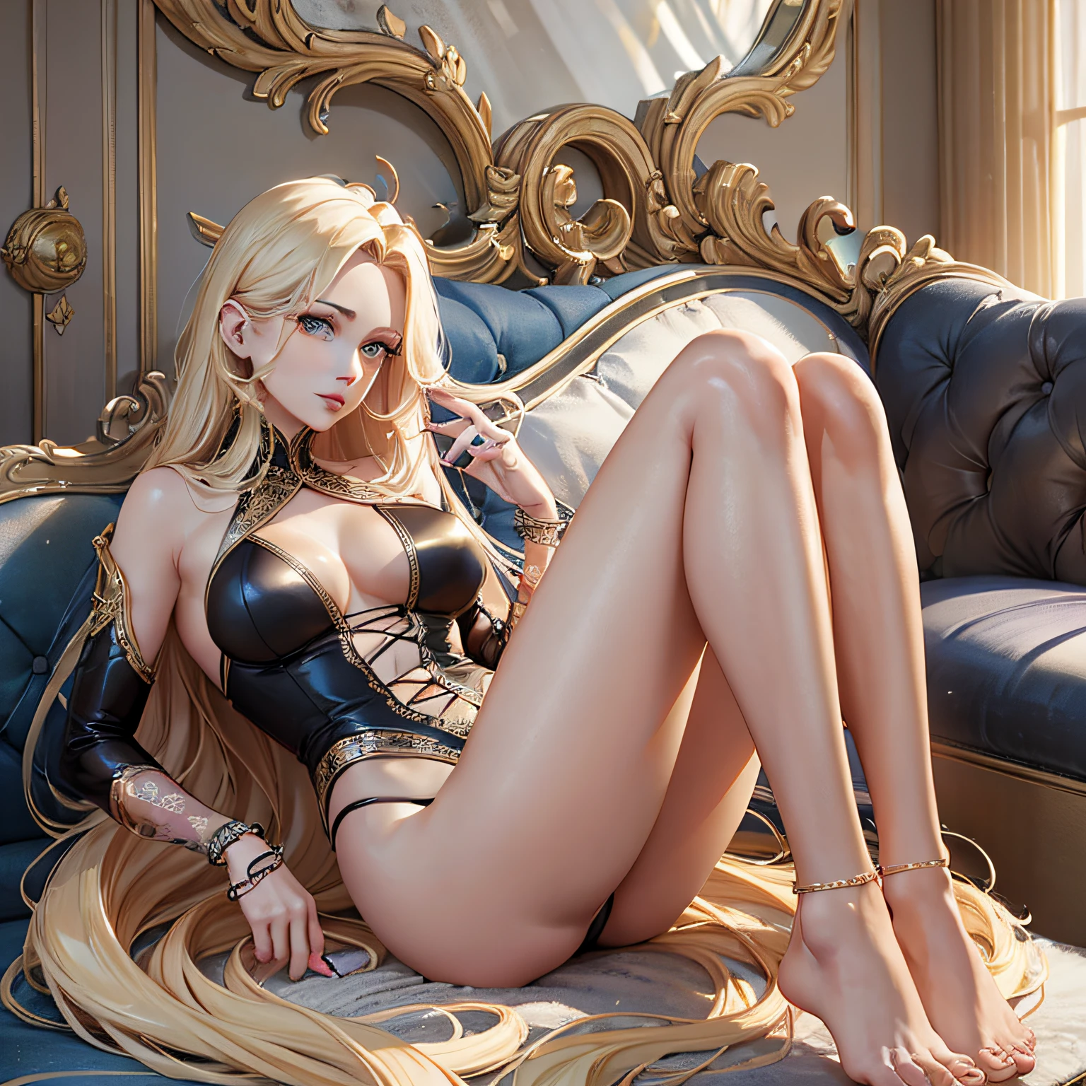 "(60-year-old woman,realistic body:0.8, attractive curves:0.9, beautiful legs:0.8), (long blonde hair:1.3, voluminous and well-groomed hair:1.1), (lying gracefully on a sofa:0.9,(with delicate hands:0.9, with delicate feet:0.9))".