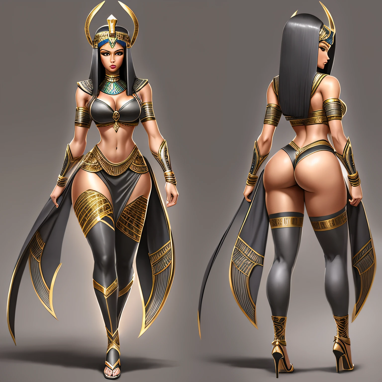 Concept art, sexy, tall woman, Egyptian goddess, extreme details, thin waist, strong butt, full body pose, robust, gray haircut, extreme details, public hair, back pose, full body, full body framing, back pose, back framing, full body framing, slim waist,  t-pose --auto --s2