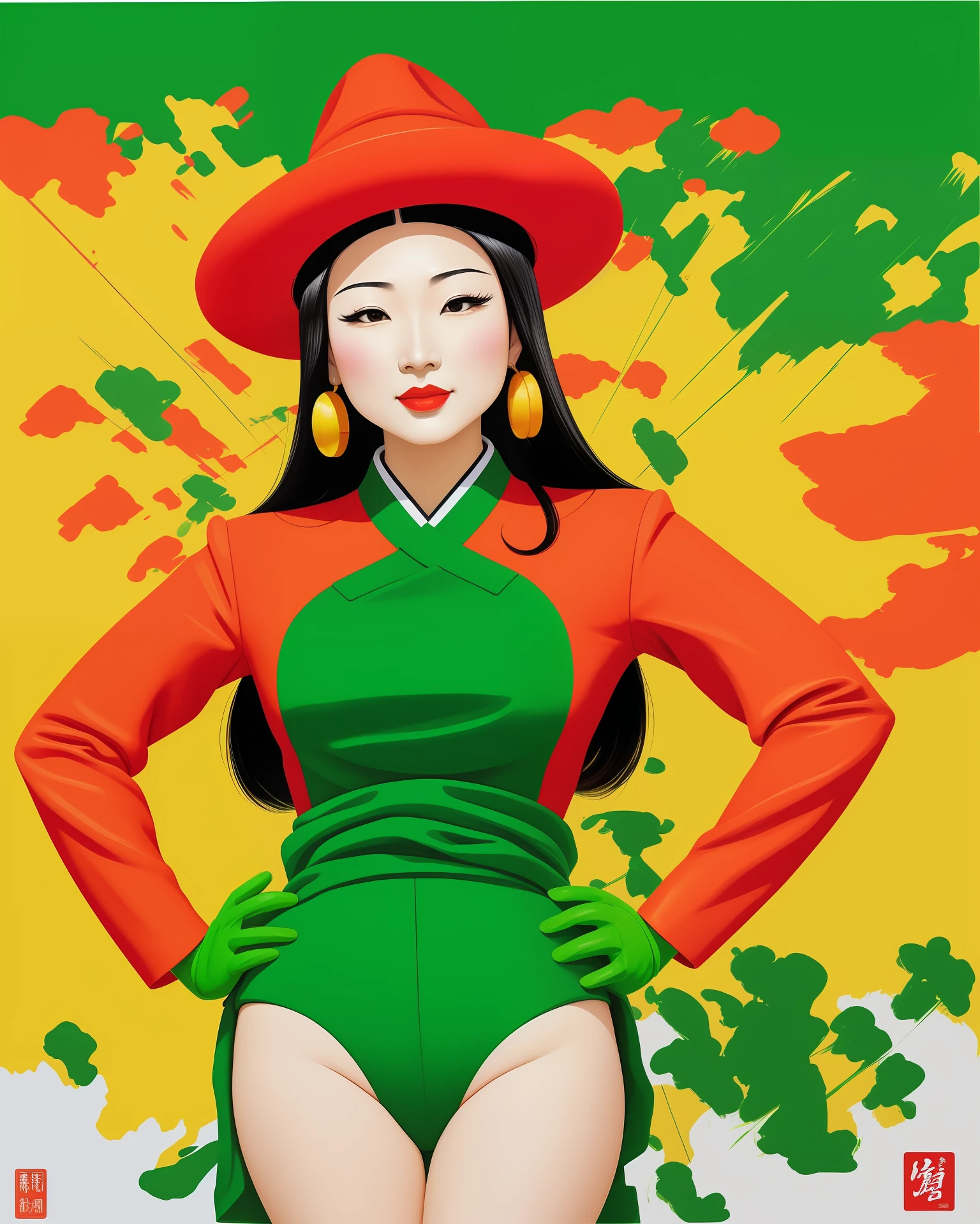 painting of a woman with a red hat and a green tie, a pop art painting by Yue Minjun, tumblr, pop art, masami kurumada, wei wang, yee chong, xue han, lulu chen, artwork in style of sheng lam, sha xi, lu ji, shusei nagaoka, mingchen shen, kamwei fong