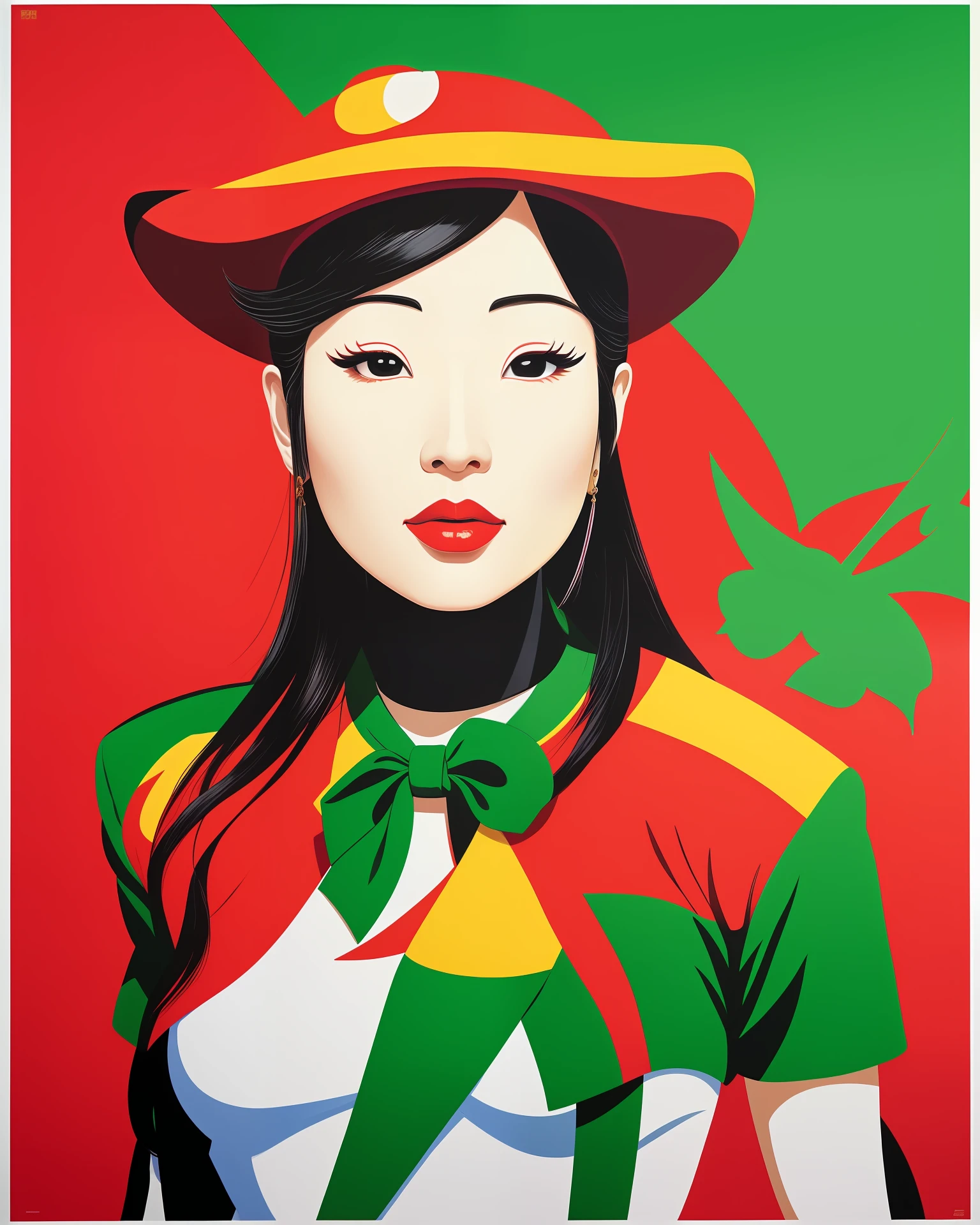 painting of a woman with a red hat and a green tie, a pop art painting by Yue Minjun, tumblr, pop art, masami kurumada, wei wang, yee chong, xue han, lulu chen, artwork in style of sheng lam, sha xi, lu ji, shusei nagaoka, mingchen shen, kamwei fong