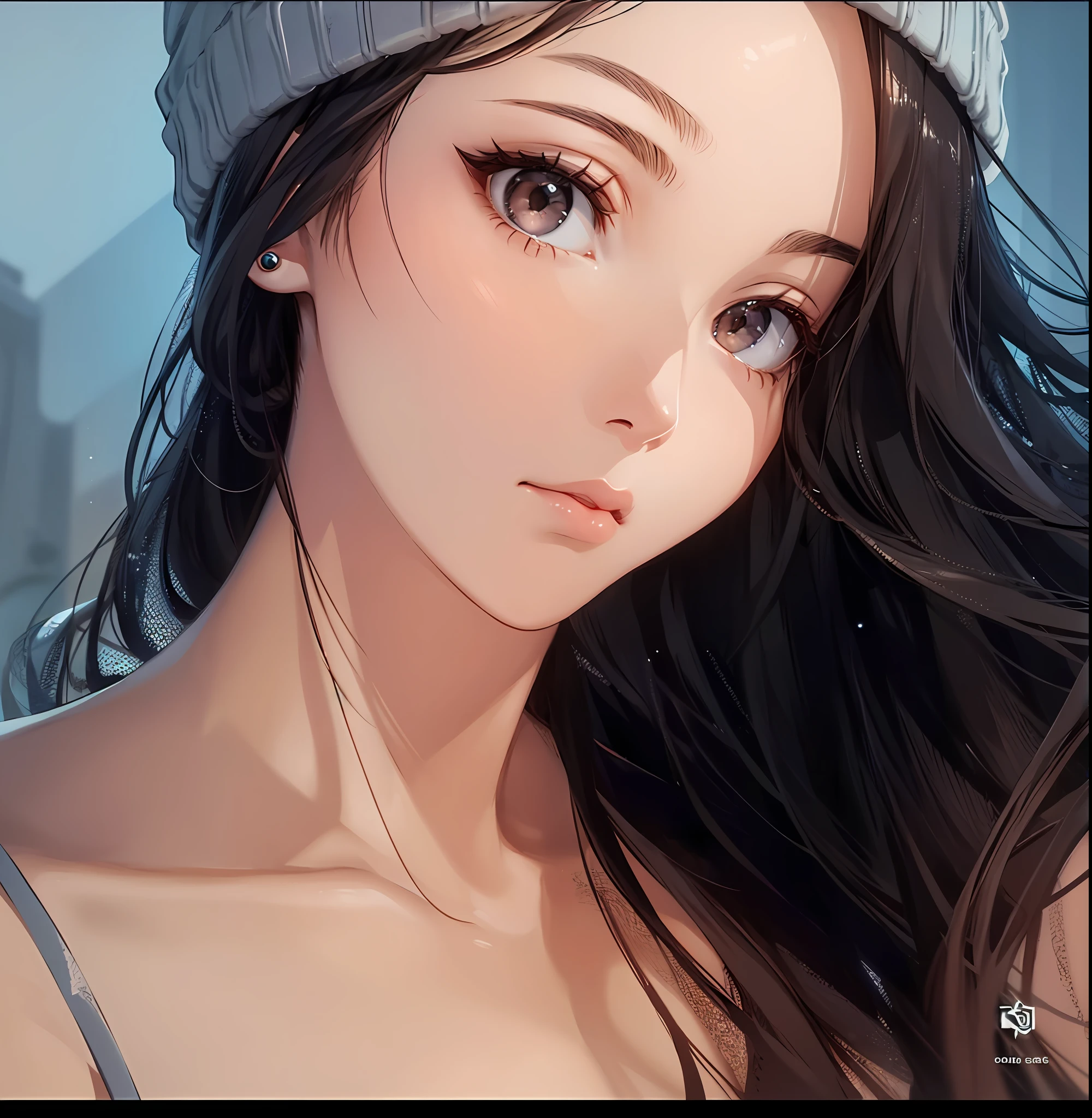 1girl, solo, long hair, light hair, written clothes, brown eyes, looking at the viewer, beanie, lips, upper body, closed mouth, shirt, earrings, high boss excellent quality evolution 8k ambient lighting