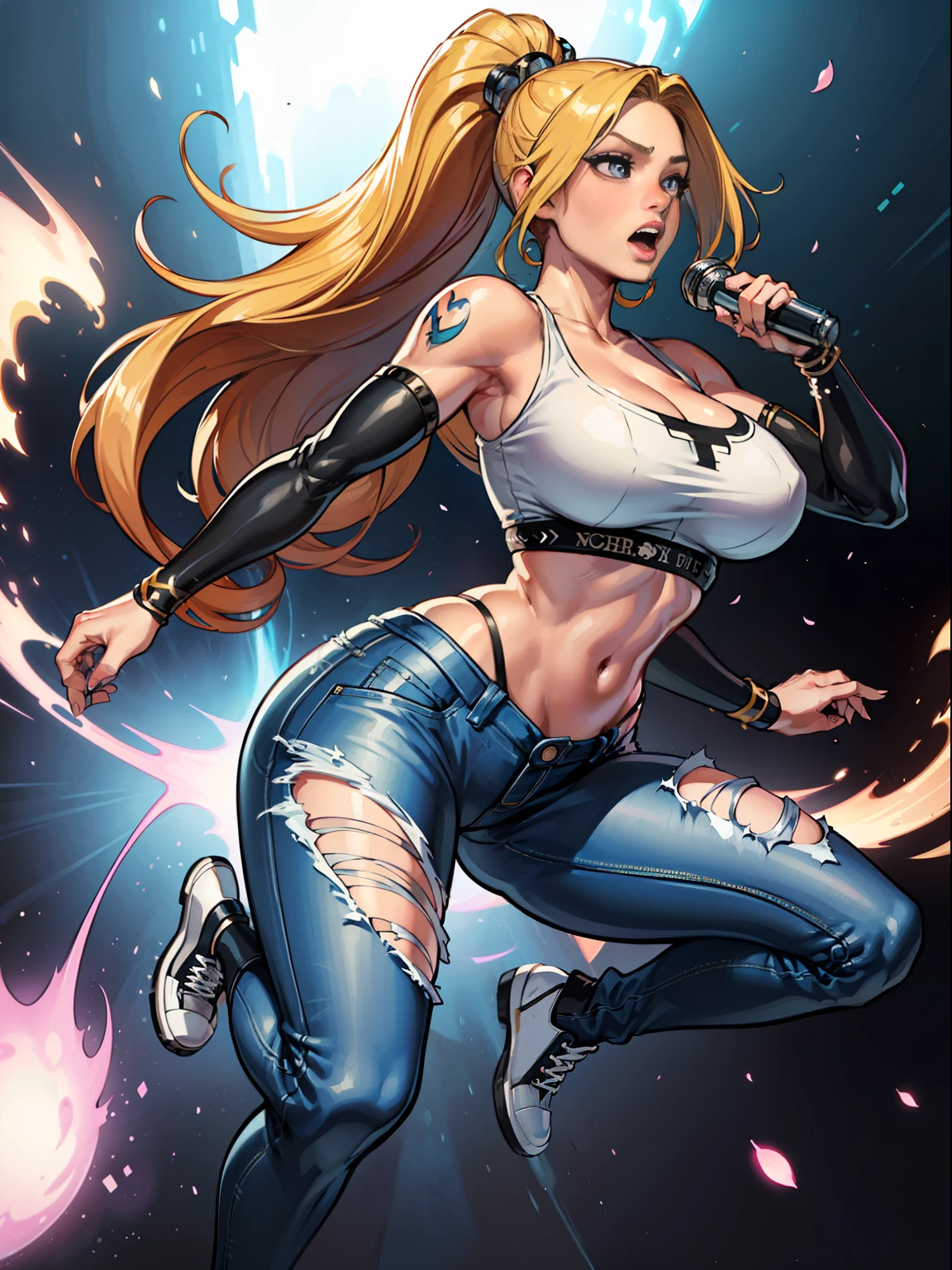 :: JOE MADUREIRA STYLE:: BEAUTIFUL WOMAN perfect and detailed, ultra detailed style clothes with tatoon designs and colors of light pink, black, white and gray, with various full-body attack poses and with immersive effects, hover effect, graphite style background with vibrant colors "ultra hdr" detailed, focus effect, sneakers all star converse black (masterpiece:  1.2, best quality), (finely detailed beautiful eyes: 1.2), extremely detailed hair, depth of field,shot with Canon EOS,lens 135mm f1.8,portrait of [x]((1Girl Kelly Brook Beautiful Woman )),long hair, straight and bright yellow black,with a natural glow and stuck like ponytail ((Solo)), (Ultra detailed eyes:1.4), (Finely detailed eyes and detailed face:1.3), ), (With ULTRA DETAILED jeans and a white t-shirt with full ultra detailed tatoom print:1.3),(torn outfit), (Beautiful and clear background:1.2), (Extremely detailed CG, Ultra-detailed, Best Shadow:1.1),("" character with his super power in the right fist"")((Depth of field and blur)), ((Watercolor)), Large breasts, Bare shoulders, Flowers and petals, Beautiful conceptual illustration , (white background:0.5),  (Illustration :1.1), (extremely fine and beautiful: 1.1), (perfect details: 1.1) graffiti style background, freedom, screaming very loud, with angry face releasing too much power, digital illustration, perfect anatomy, centered, approaching perfection, dynamic, highly detailed, watercolor painting, artstation, concept art, smooth, sharp focus, illustration, perfect anatomy, centered, approaching perfection, dynamic, highly detailed, character sheet,  artstation, concept art, smooth, sharp focus, illustration, full body shot, character sheet, lightning wave, beautiful anime watercolor painting,