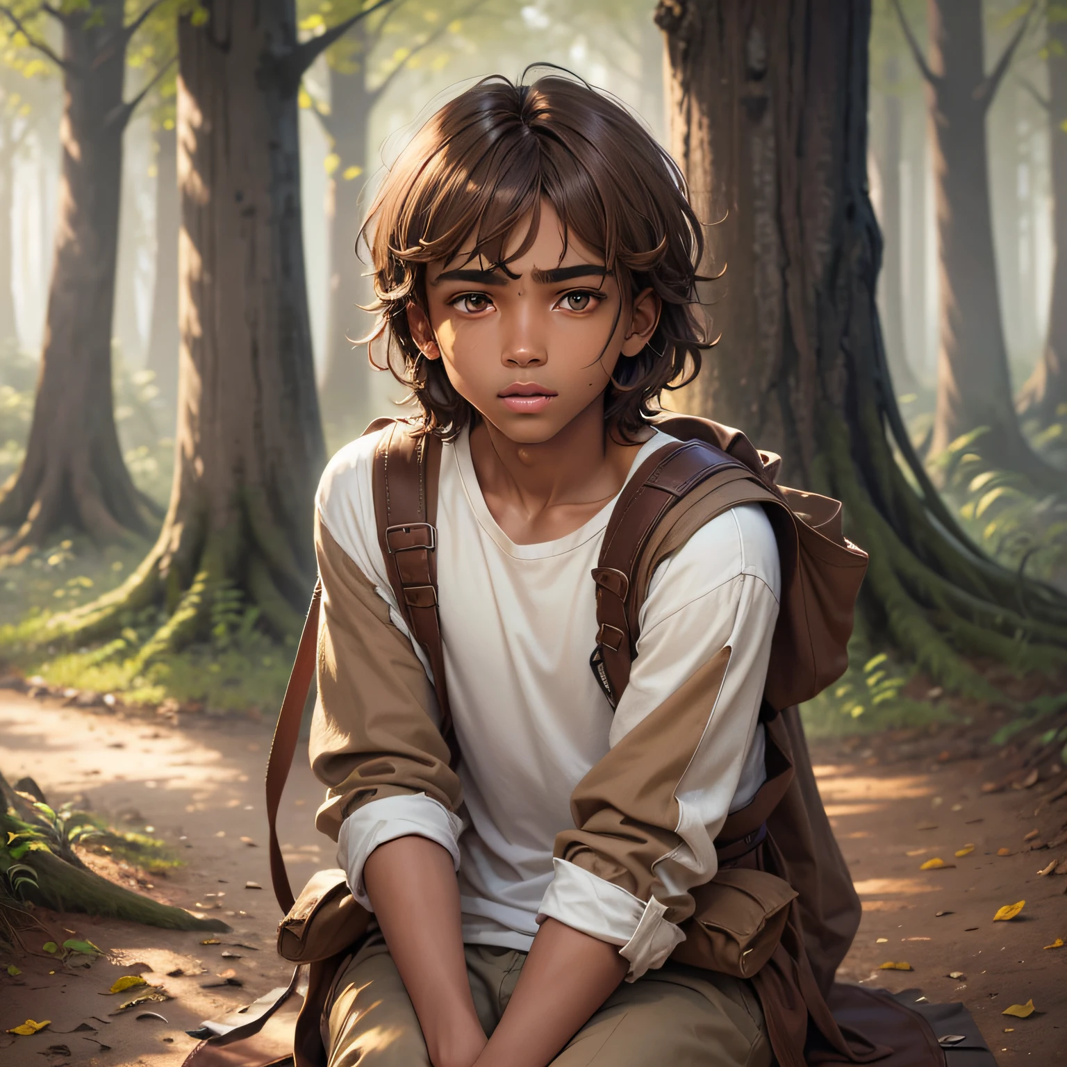 Brown colored boy, light brown near hair, 2 brown eyes, sitting on a poutrona, 2 arms by sima of the knees, scared facial squeeze, white shirt, lightly triangular face, well highlighted eyebrows, forest senary --auto --s2
