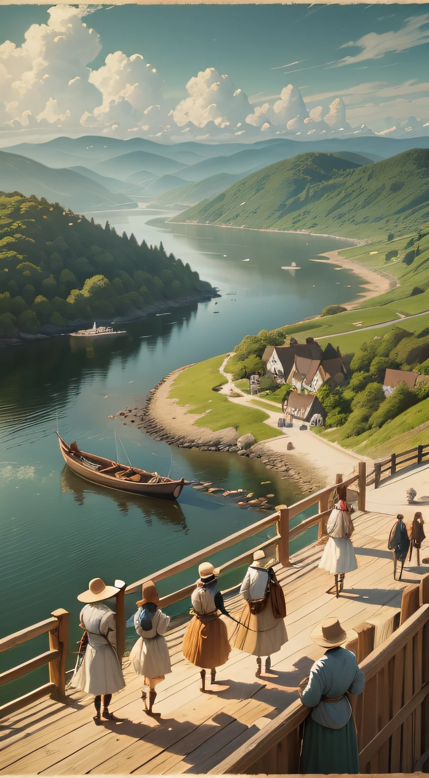 ((best quality), (masterpiece), (detailed)) A sweeping panoramic view captures the scene as numerous English settlers disembark on the shores of Roanoke Island. Families, accompanied by women and children, step onto the land with anticipation and hope. The artist, John White, employs a realistic style to portray this historical event. The painting showcases meticulous attention to detail, capturing the expressions, clothing, and interactions of the settlers. The surrounding landscape features lush vegetation and a picturesque coastline. The camera angle for this shot is a high vantage point, providing a wide perspective of the entire scene.