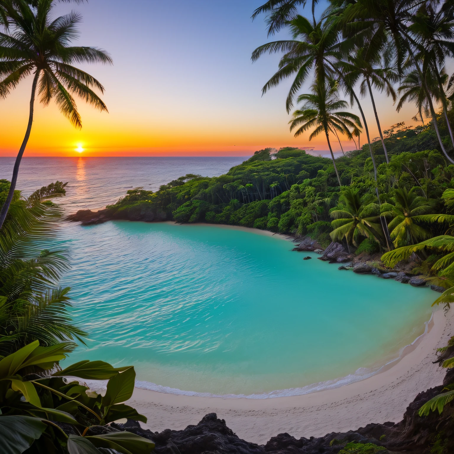 Portrait of a tropical forest at sunset with a tropical beach far in the horizon, focus, realistic, perfect, lake, white beach