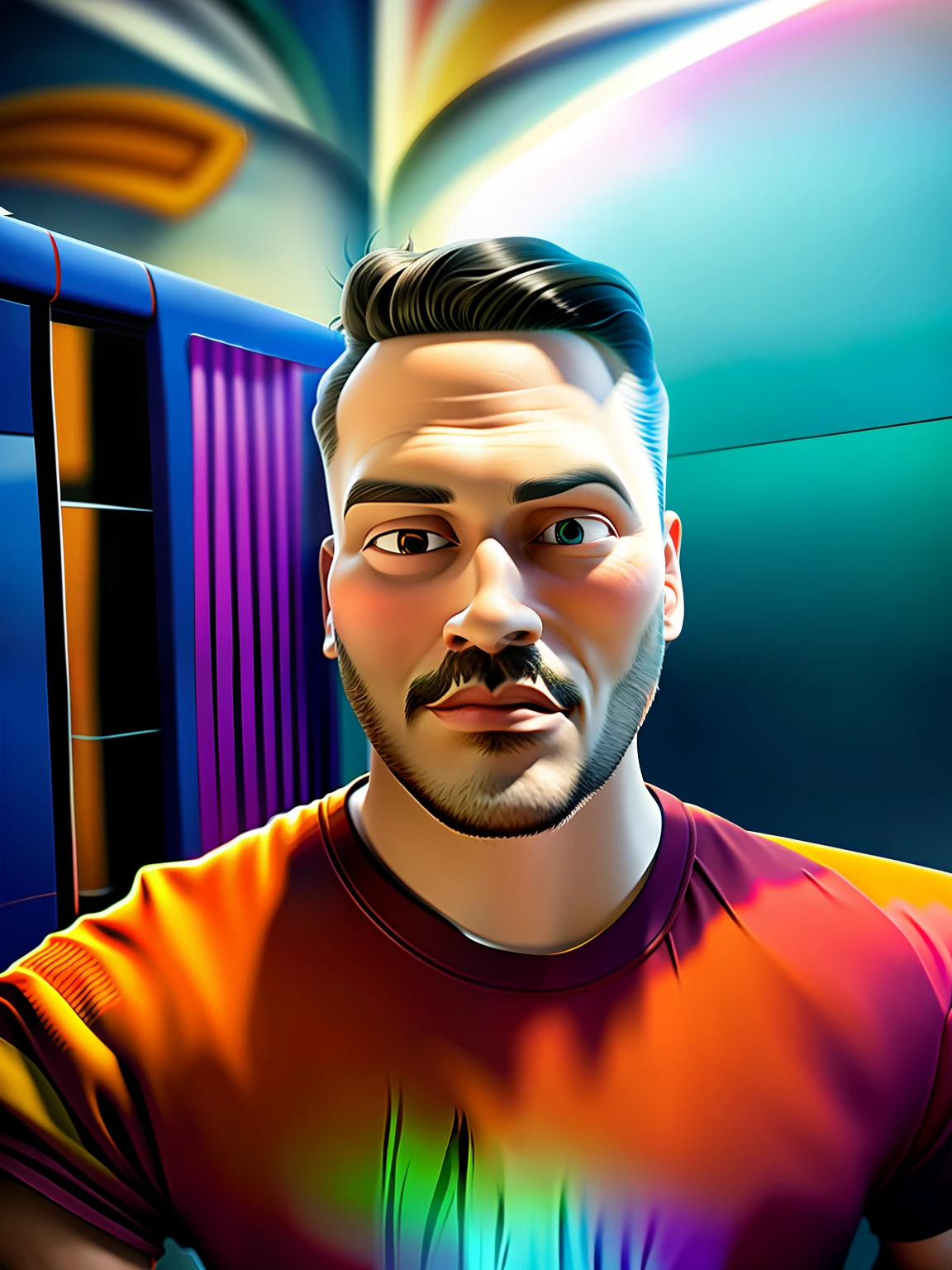 color photo of a realistic cartoon caricature preserving image details", exaggerated facial features without beard, vibrant colors, playful expression, realistic representation of image details, detailed line work, cartoonish elements, exaggerated perspective, surreal background —c 10 —air 2:3