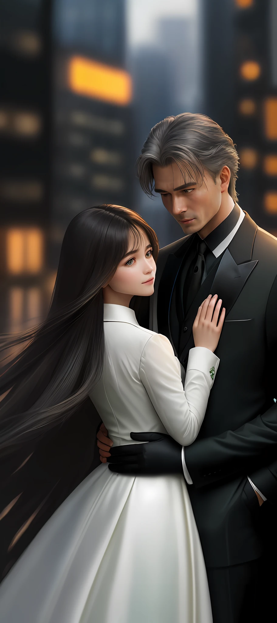 (masterpiece, best quality),((from below, depth of field, Dutch angle, green lighting))), floating hair, 1girl and 1men hugging on honeymoon, formal, hand in pocket, suit, black gloves, construction, looking at each other look of tenderness, black tie, fingerless gloves, white shirt, city, outdoors, black overcoat, belt, black pants, collared shirt,  brown eyes, standing, long sleeves, gray hair, cityscape, open jacket, cowboy shot, skyscraper, black suit, night, pants suit, very long hair