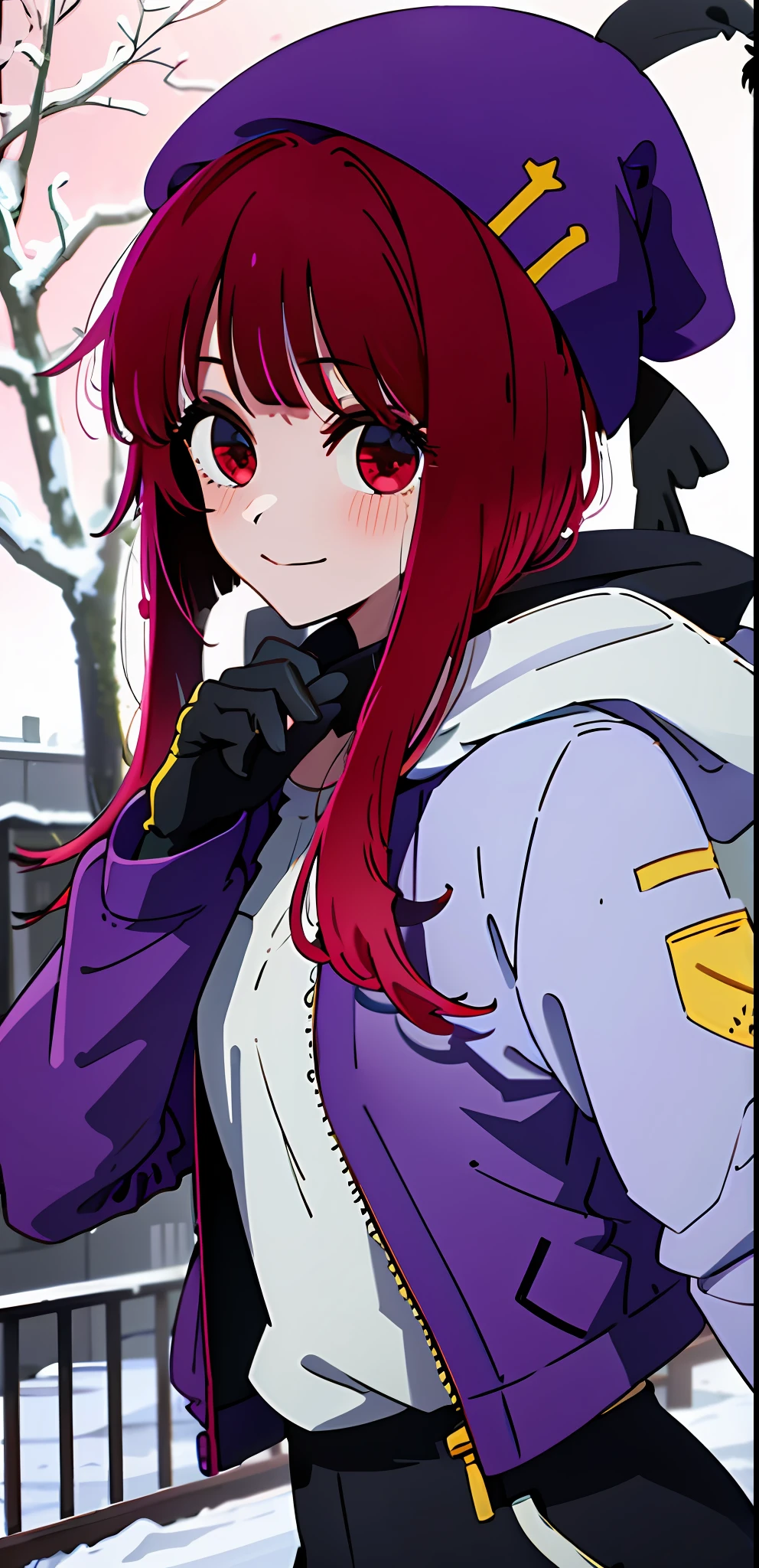 absurdres , highres, (ultra detailed:1.2), girl,
BREAK
intricate detailed winter jacket, warm clothes, black pants
BREAK
,red hair, ponytail, smiling, detailed eyes, red iris, beanie
BREAK
,winter, trees covered in snow, snow, snowy bushes