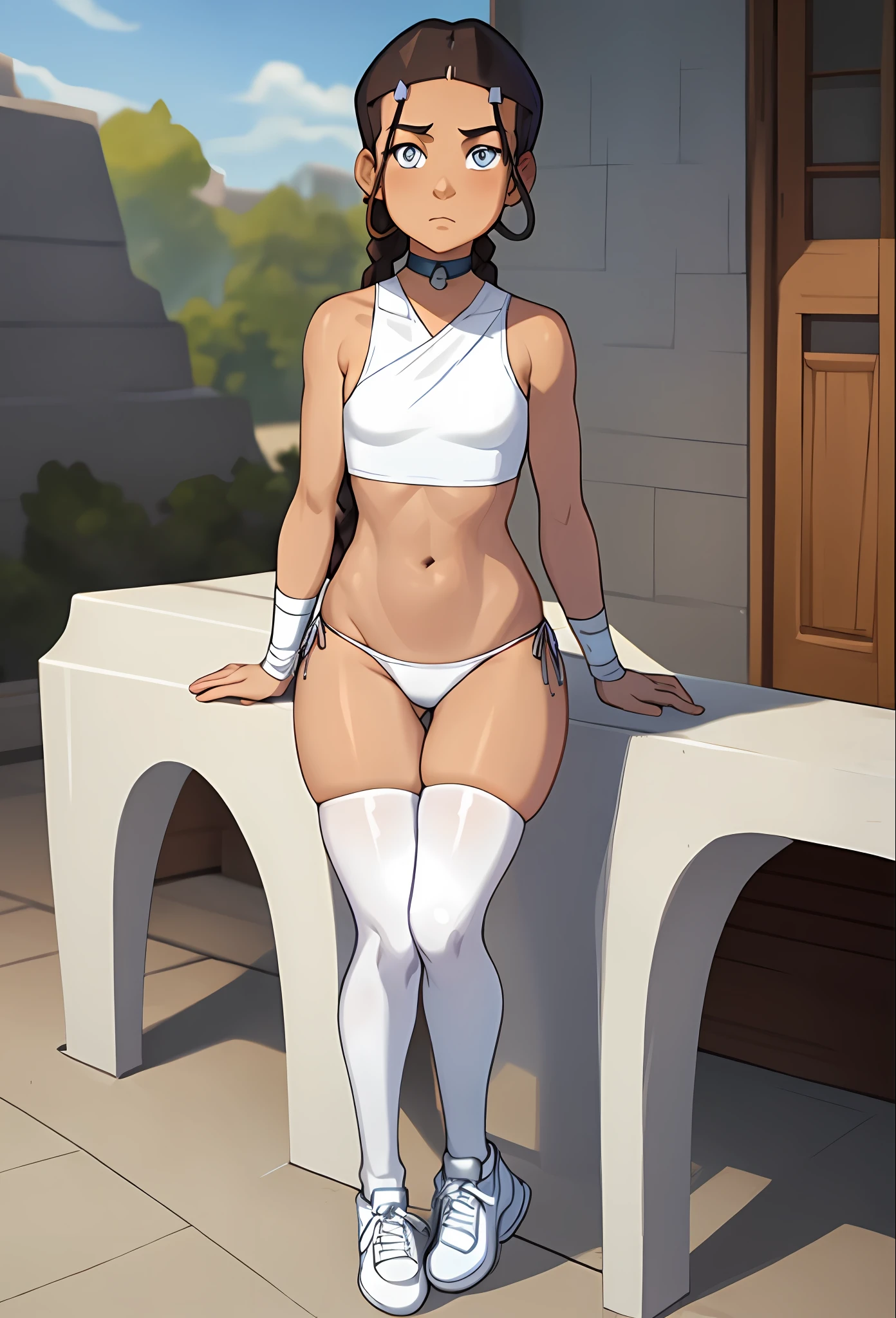 masterpiece, best quality, 1girl, katara, toned, dark skin, braid, jewelry, looking at viewer innocently, tiny white thin bikini, long legs, thong, thigh high socks, white sneakers, sunshine, no panties (blue eyes:0.6)