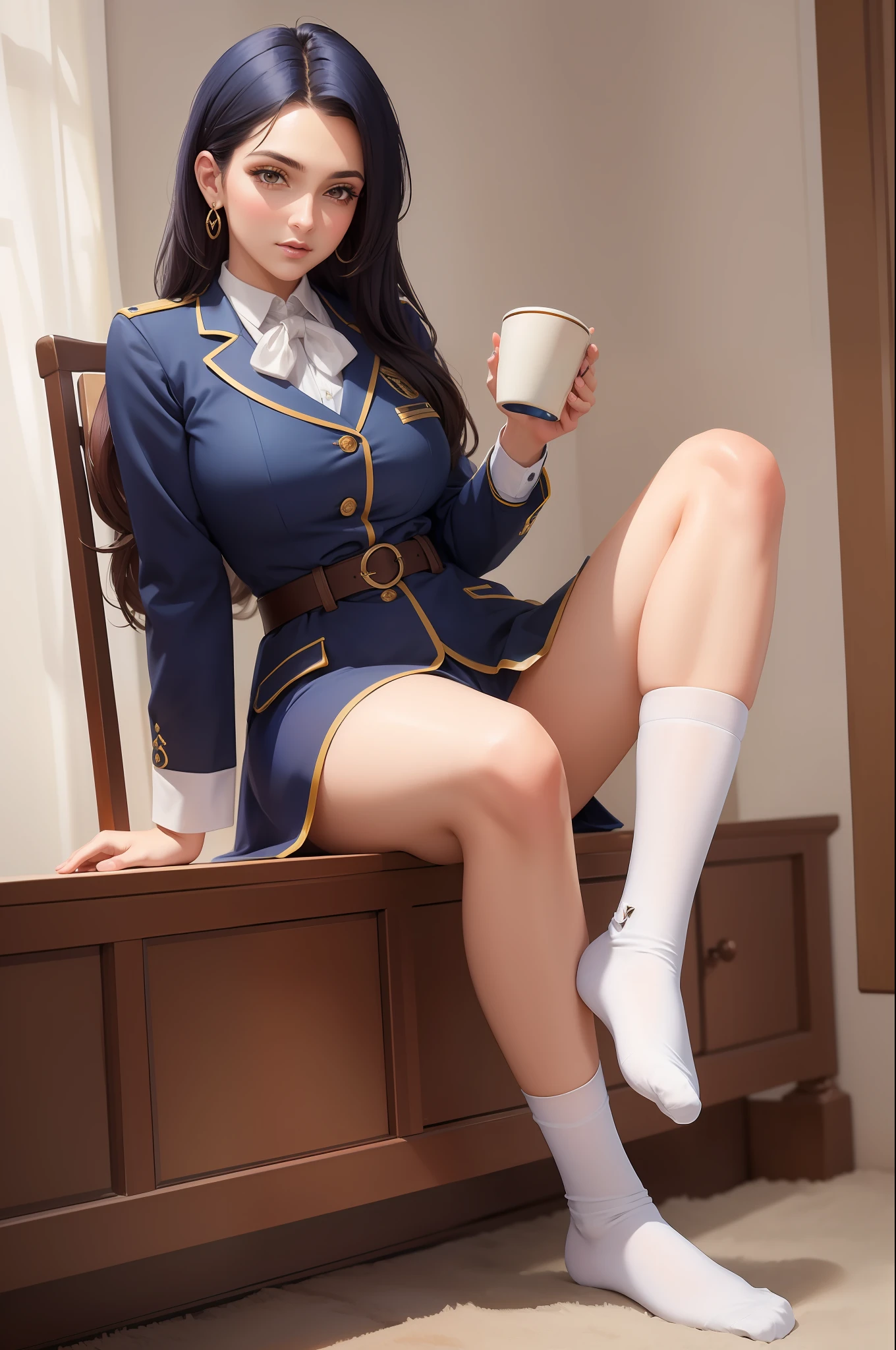 (masterpiece, best quality),  intricate details,
1girl,  c41t, uniform, 1girl, casual clothing, intricate detail , sexy pose , 9:16 , beautiful thighs , Caitlyn Kiramman , beautiful feet , big cup size , white socks