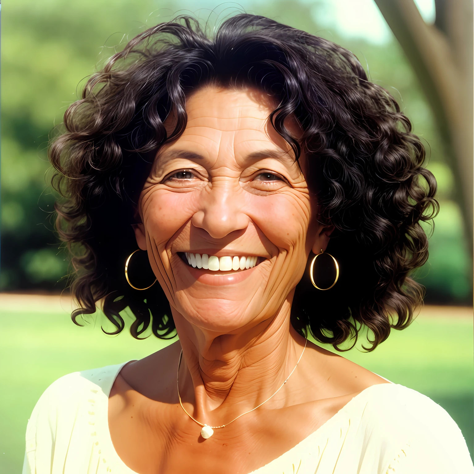 1997 portrait (55 year old woman 1.2) full face, round, tanned skin, stiff, long curly black hair, smiling