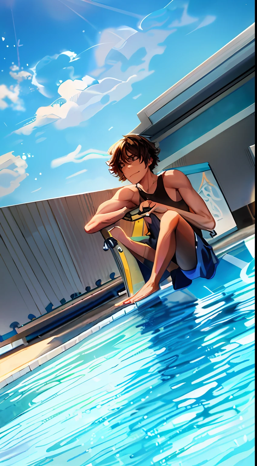there is a man sitting on a surfboard in a pool, squatting down next to a pool, sitting in the pool, next to a pool, poolside, sit on the edge of swimming pool, photoshoot, sitting at the edge of pool, playing at swiming pool, photo shoot, in a swimming pool, andrea rocha, very very low quality picture