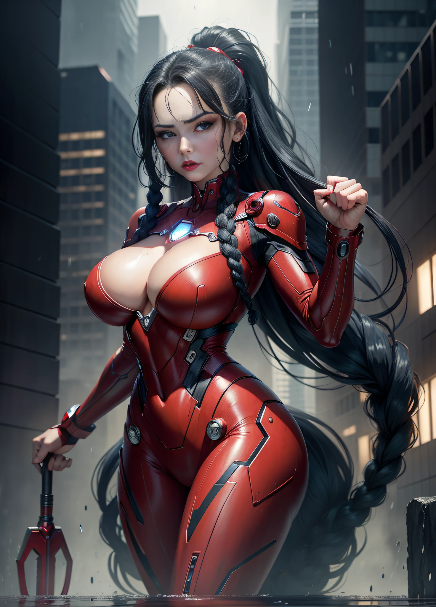 A Woman, full-length photo, dressed as Iron Man/Spider-Man, tight-fitting suit, immensely gigantic breasts. The woman has long blue hair with braids held by teddy bear barrettes, green eyes, this one with her fists up, her outfit has several weapons attached to her costume. The woman is looking at the viewer, flushed face, heavy makeup on her face, red lipstick. She on top of a tall building raining heavily, her hair and clothes are soaked, rape face, Anime style, anime, Mortal Kombar style, 16k, high quality, award winning, high details, anatomically correct, masterpiece, UHD