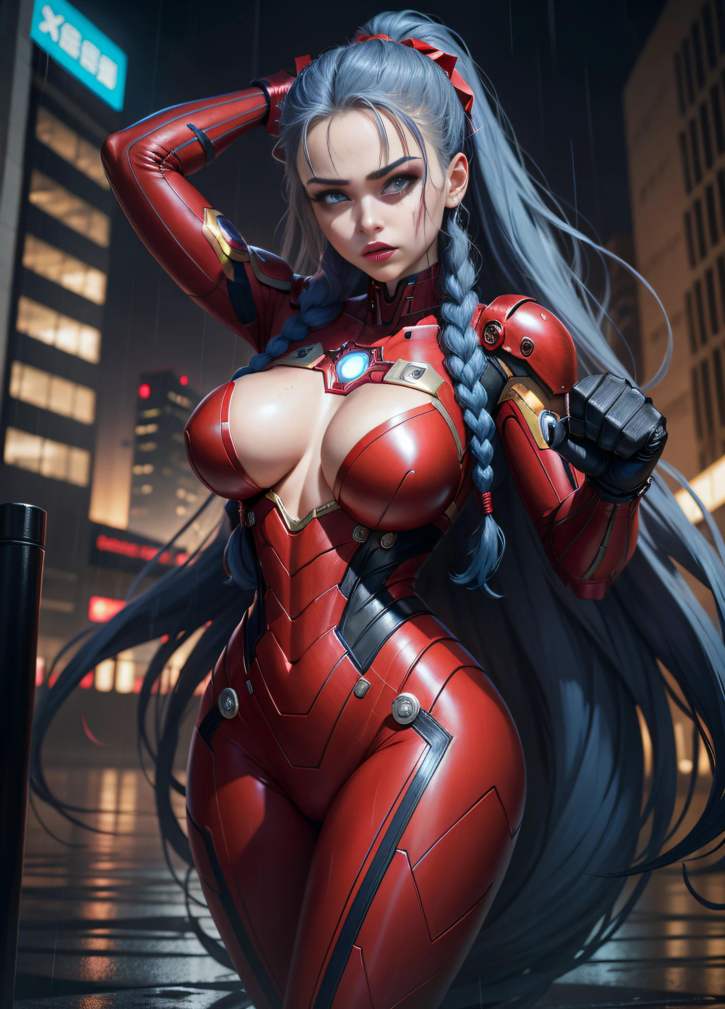 A Woman, full-length photo, dressed as Iron Man/Spider-Man, tight-fitting suit, immensely gigantic breasts. The woman has long blue hair with braids held by teddy bear barrettes, green eyes, this one with her fists up, her outfit has several weapons attached to her costume. The woman is looking at the viewer, flushed face, heavy makeup on her face, red lipstick. She on top of a tall building raining heavily, her hair and clothes are soaked, rape face, Anime style, anime, Mortal Kombar style, 16k, high quality, award winning, high details, anatomically correct, masterpiece, UHD