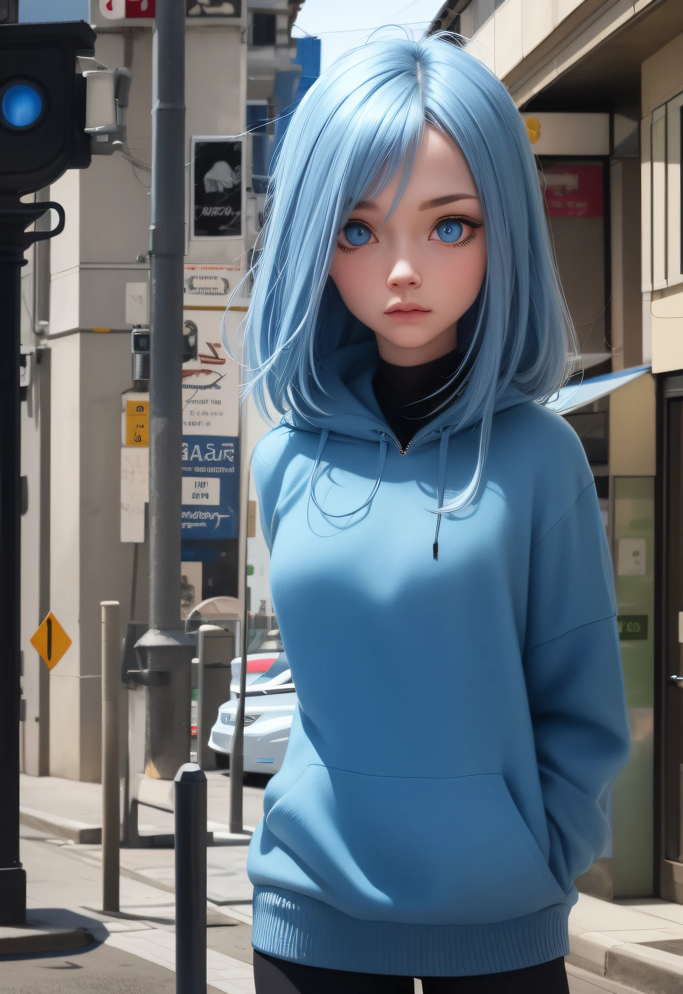 best quality, masterpiece, blue hair, blue eyes, street, street lamp, upper body