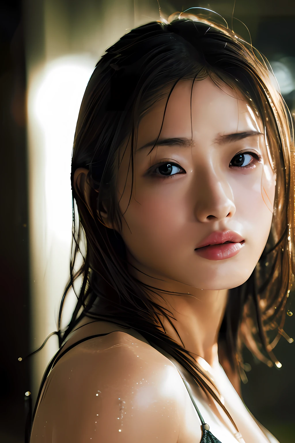 Best quality, masterpiece, ultra high res, (photorealistic:1.4), raw photo, 1girl, DARK hair, shiny skin, WET BODY, dramatic lighting, full body, bitch, micro bikini, huge breasts