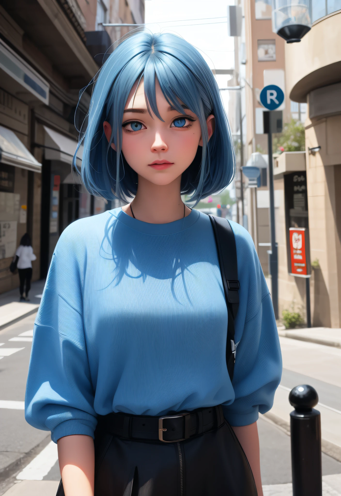 best quality, masterpiece, blue hair, blue eyes, street, street lamp, upper body