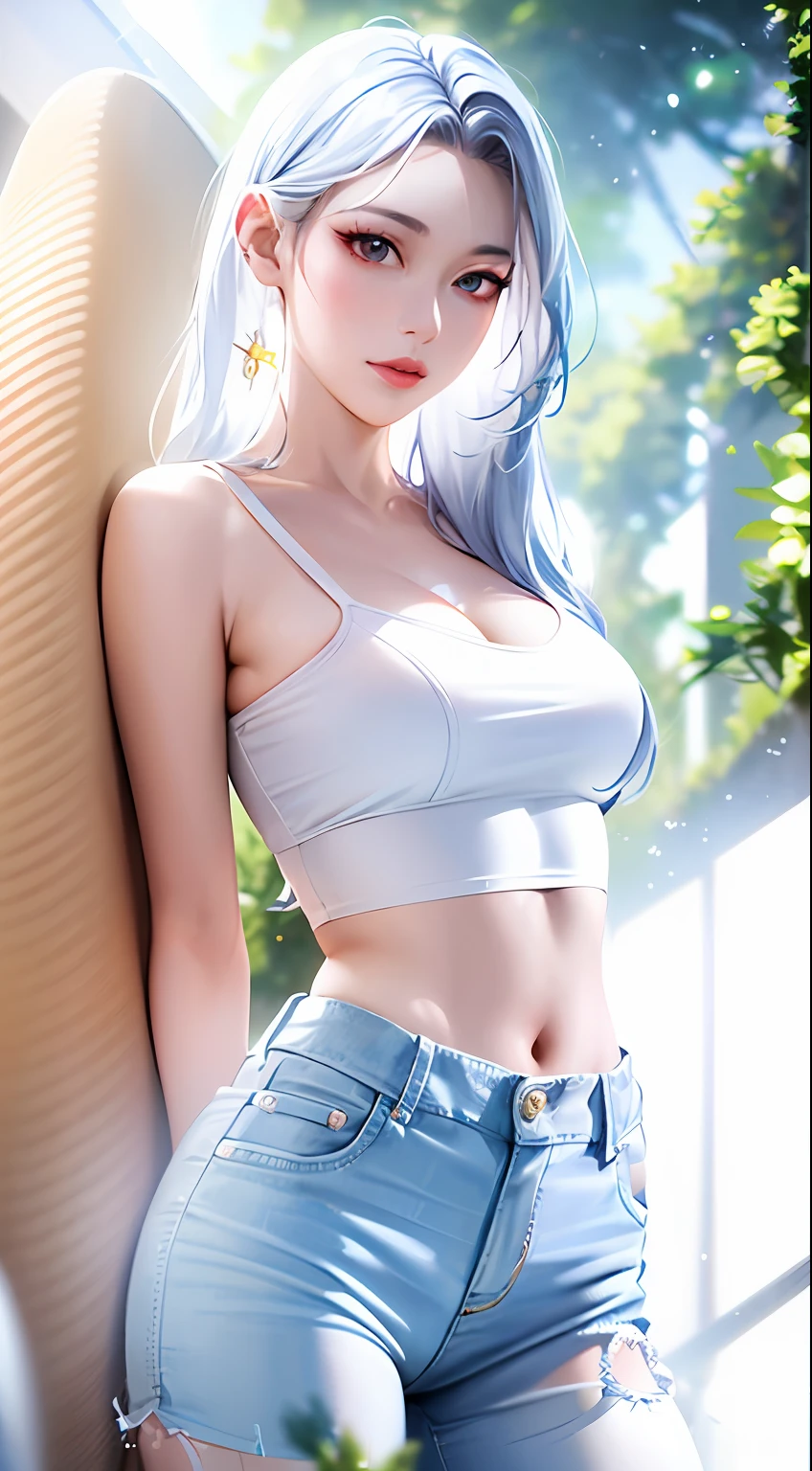 a close up of a woman in a white top and blue shorts, photo of slim girl model, gorgeous young korean woman, photo of slim girl, beautiful south korean woman, hot with shining sun, korean girl, sultry body with sexy belly, beautiful young korean woman, korean women's fashion model, perfect body, 2 4 year old female model, sexy hot body