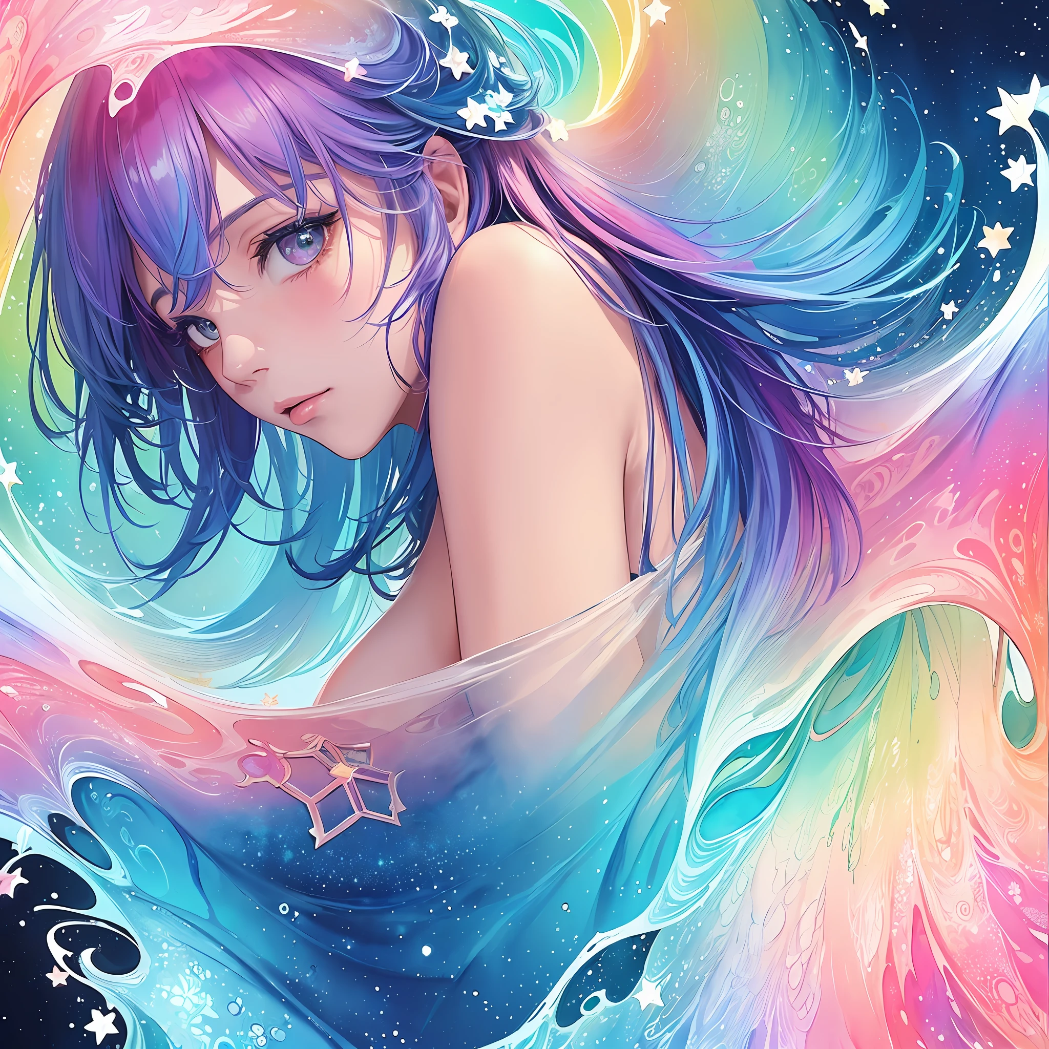 (masterpiece, top quality, best quality,watercolor (medium),official art, beautiful and aesthetic:1.2),(1girl:1.3), (fractal art:1.3),upper body, from side, looking at viewer,patterns,(rainbow color Hair,colorful hair,half blue and half pink hair:1.2),water,liquid, cloud,colorful, starry,stars,