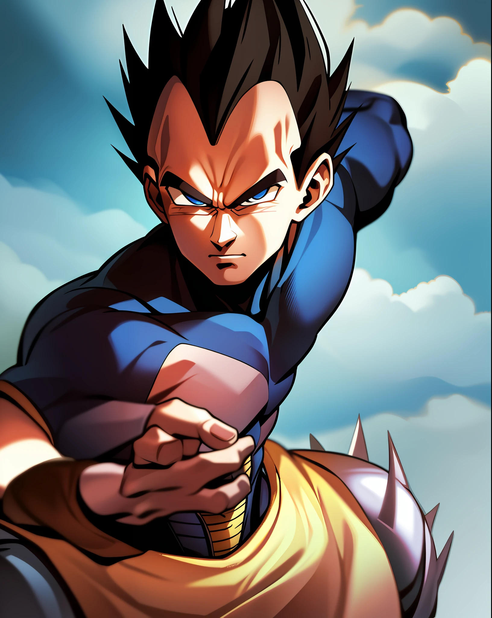 1guy, masterpiece, best quality, absurdres, wallpaper, detailed face, detailed eyes, Vegeta,  battle damage, fighing stance,