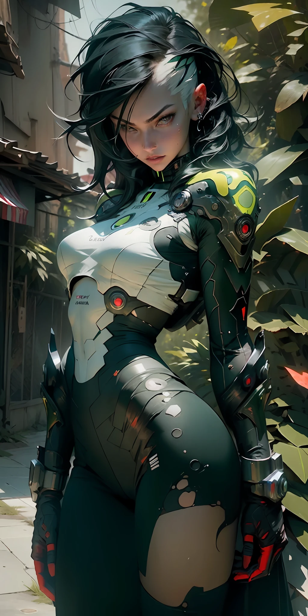 ((Best quality)), ((masterpiece)), (detailed: 1.4), (((100% green)))), woman defined body, whole body, bare thighs, body parts covered by cyberpunk clothing, rays painted by body body, green is the predominant color in clothing, wear blue, yellow, tanned and sweaty skin, ((large breasts)) perfect, generous neckline, pastel, black mohawk hair with small white locks, short underwear, cinta liga, por mucha, niji, close to real, best quality, almost naked, psychopath, crazy face, action pose, sexy pose, starry night background, imitating outfit, tattoos flag of Brazil, green bra with white stars, 5-pointed stars painted the breasts, (((clothes with the colors of the flag of Brazil)))), shoulder pads with pointed pins, red eyes without pupils, HDR (High Dynamic Range),Ray Tracing,NVIDIA RTX,Super-Resolution,Unreal 5,Subsurface Dispersion, PBR Texture, Post-processing, Anisotropic filtering, Depth of field, Maximum clarity and sharpness, Multilayer textures, Albedo and specular maps, Surface shading, Accurate simulation of light-material interaction, Perfect proportions, Octane Render, Two-tone lighting, Wide aperture, Low ISO, White balance, Rule of thirds, 8K RAW, crysisnanosuit