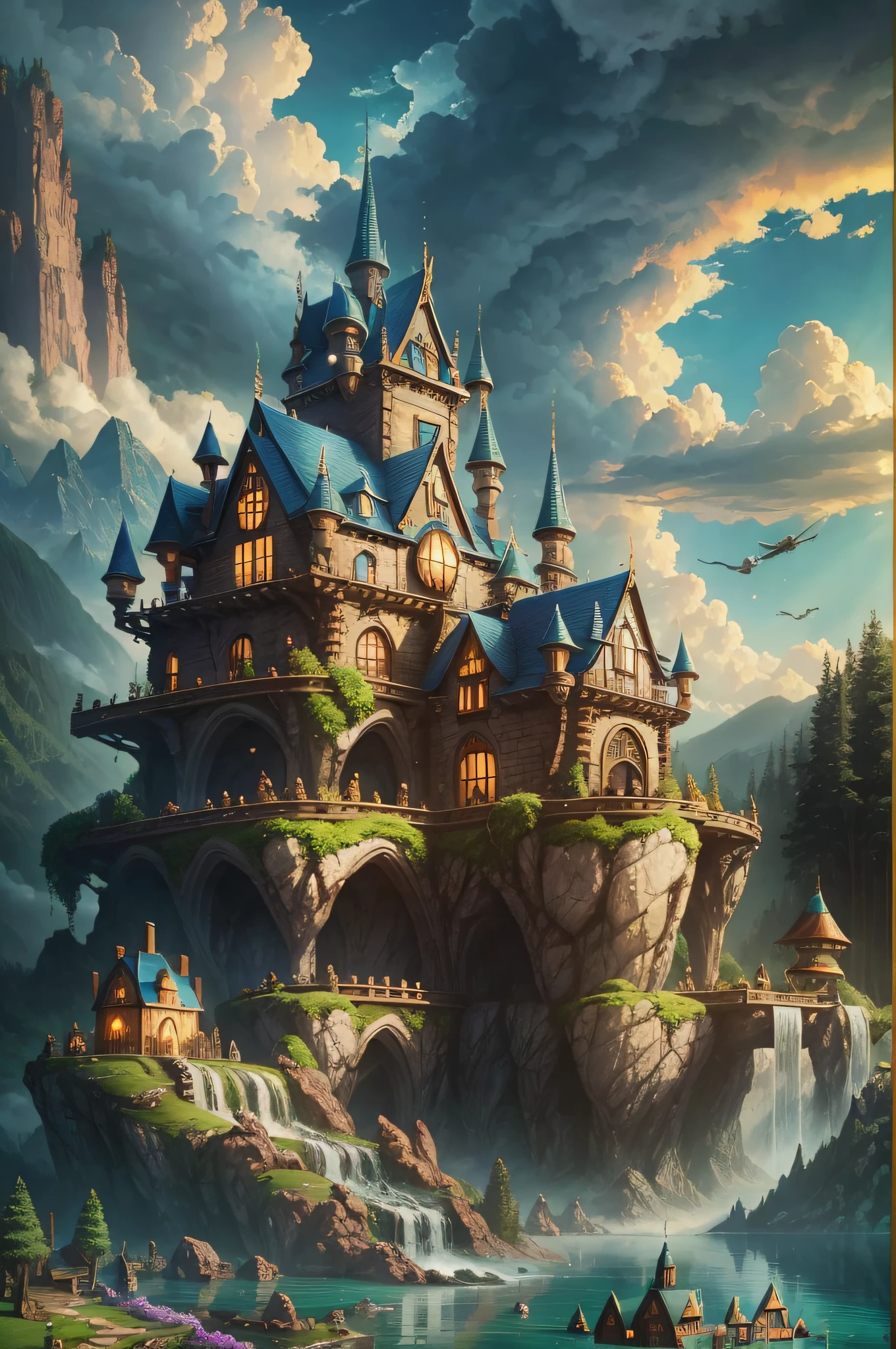 Elf kingdom, house full of design, forest, lake, sky, clouds, fantastic, oversaturated, surreal, Pixar style, high resolution, artgerm, masterpiece, super detailed, epic composition, high quality, highest quality , 4k --v 6