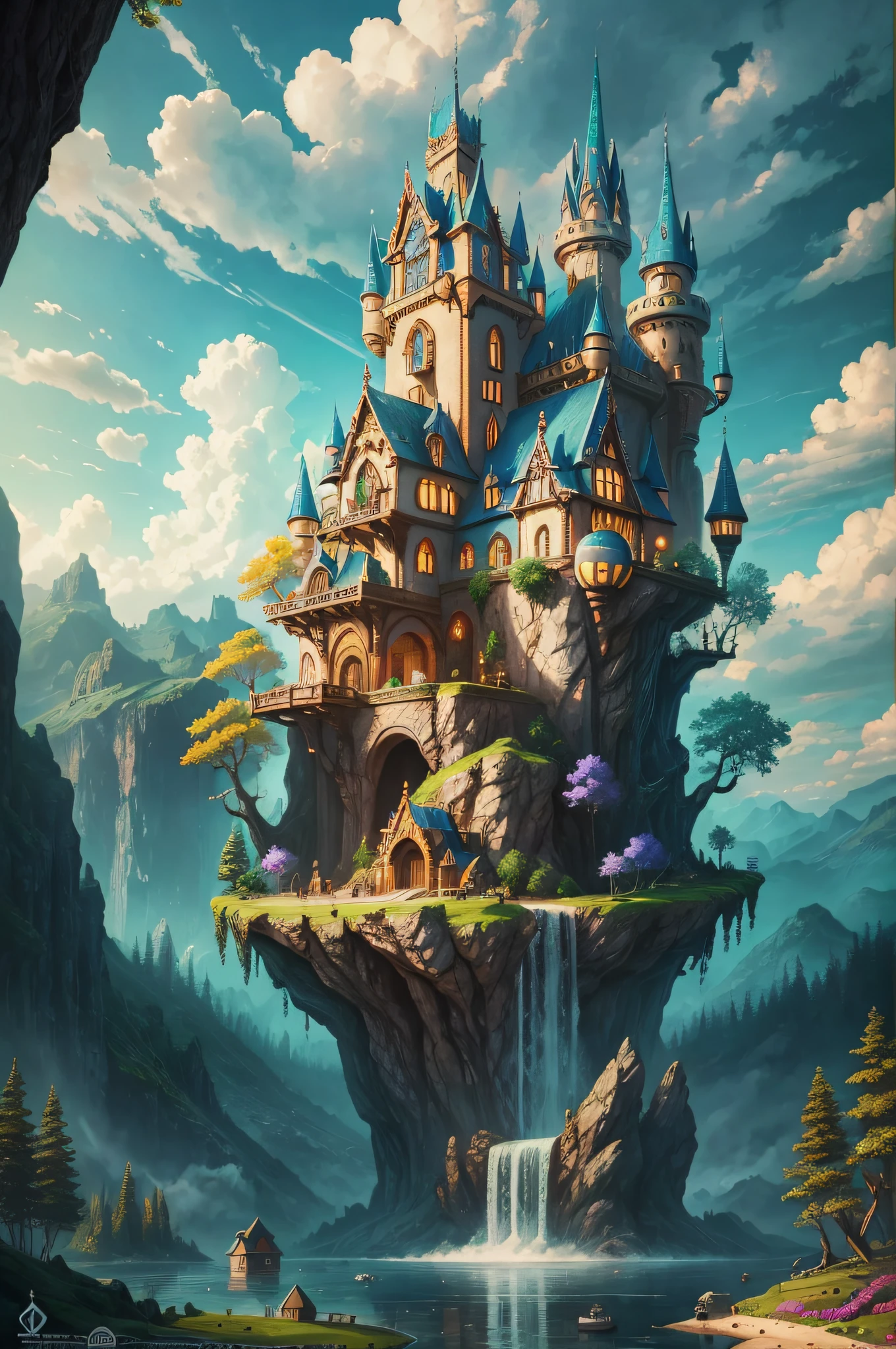 Elf kingdom, house full of design, forest, lake, sky, clouds, fantastic, oversaturated, surreal, Pixar style, high resolution, artgerm, masterpiece, super detailed, epic composition, high quality, highest quality , 4k --v 6