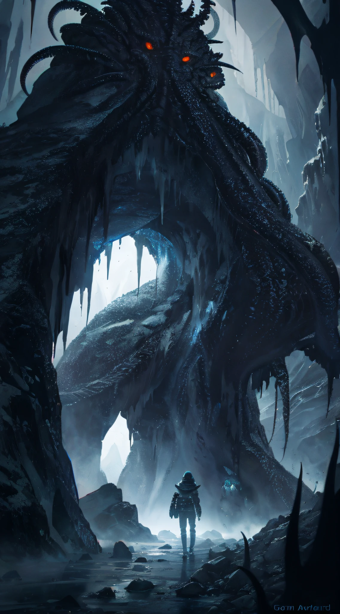 dark landscape, by govard lovecraft, ice and rock, tentacles, alien creatures, epic, cthulhu style