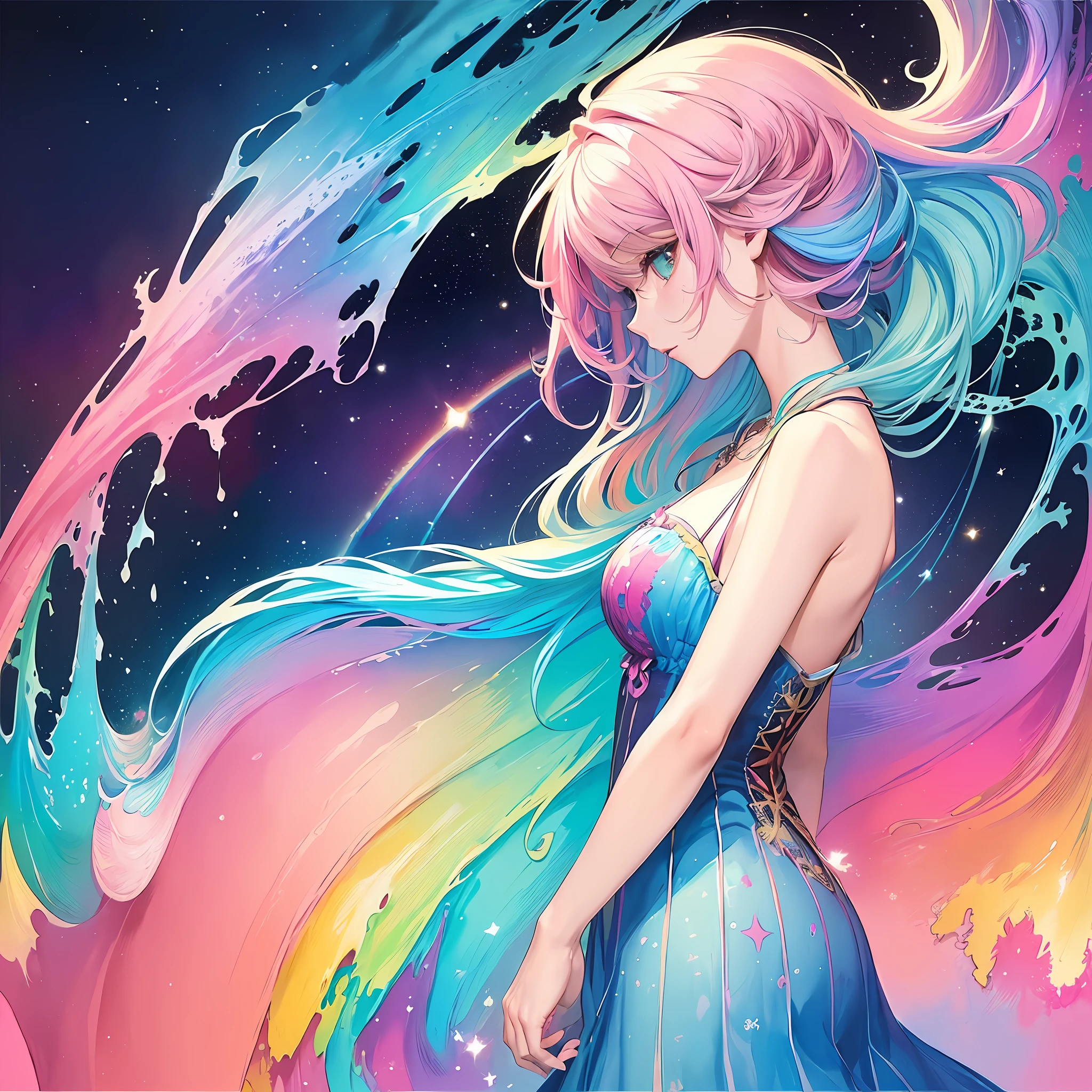 (masterpiece, top quality, best quality,watercolor (medium),official art, beautiful and aesthetic:1.2),(1girl:1.3), (fractal art:1.3),upper body, from side, looking at viewer,patterns,(rainbow color Hair,colorful hair,half blue and half pink hair:1.2),water,liquid, cloud,colorful, starry,stars,