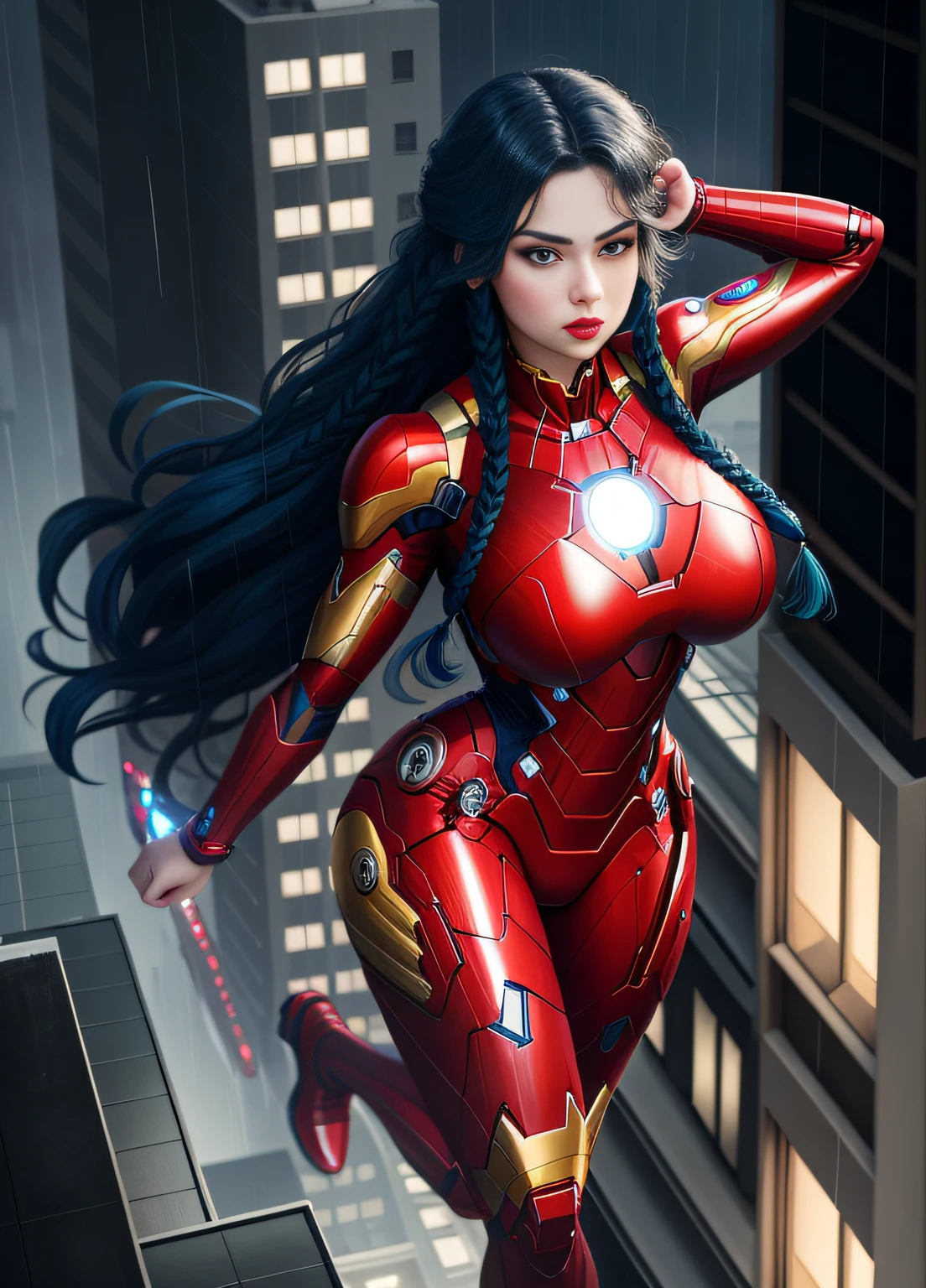 A Woman, full body photo with her feet on the ground, dressed as Iron Man/Spider-Man, tight-fitting suit, immensely gigantic breasts. The woman has long blue hair with braids held by teddy bear barrettes, green eyes, this one with her fists up, her outfit has several weapons attached to her costume. The woman is looking at the viewer, flushed face, heavy makeup on her face, red lipstick. She on top of a tall building raining heavily, her hair and clothes are soaked, rape face, Anime style, anime, Mortal Kombar style, 16k, high quality, award winning, high details, anatomically correct, masterpiece, UHD