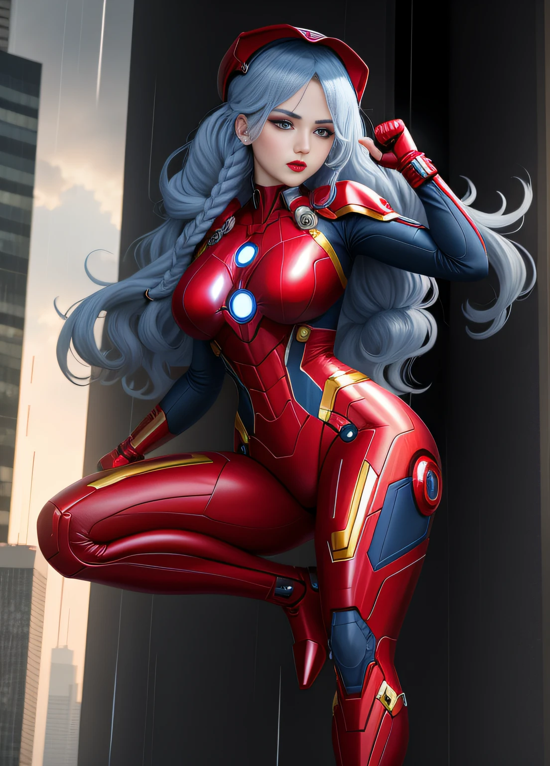 A Woman, full body photo with her feet on the ground, dressed as Iron Man/Spider-Man, tight-fitting suit, immensely gigantic breasts. The woman has long blue hair with braids held by teddy bear barrettes, green eyes, this one with her fists up, her outfit has several weapons attached to her costume. The woman is looking at the viewer, flushed face, heavy makeup on her face, red lipstick. She on top of a tall building raining heavily, her hair and clothes are soaked, rape face, Anime style, anime, Mortal Kombar style, 16k, high quality, award winning, high details, anatomically correct, masterpiece, UHD