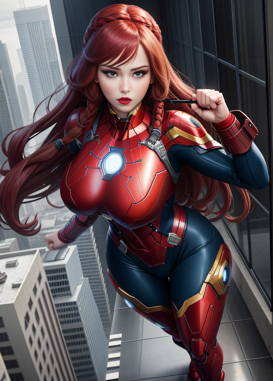 A Woman, full body photo with her feet on the ground, dressed as Iron Man/Spider-Man, tight-fitting suit, immensely gigantic breasts. The woman has long blue hair with braids held by teddy bear barrettes, green eyes, this one with her fists up, her outfit has several weapons attached to her costume. The woman is looking at the viewer, flushed face, heavy makeup on her face, red lipstick. She on top of a tall building raining heavily, her hair and clothes are soaked, rape face, Anime style, anime, Mortal Kombar style, 16k, high quality, award winning, high details, anatomically correct, masterpiece, UHD