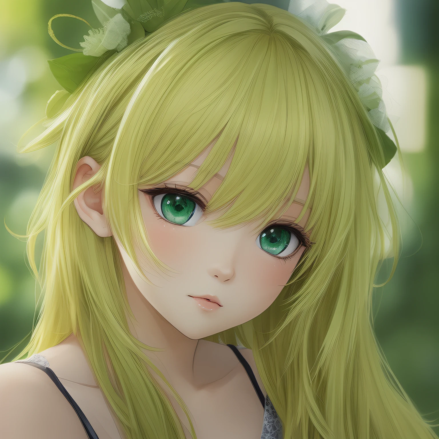 cute anime girl beautiful soft eyes green dress blonde hair --auto --s2