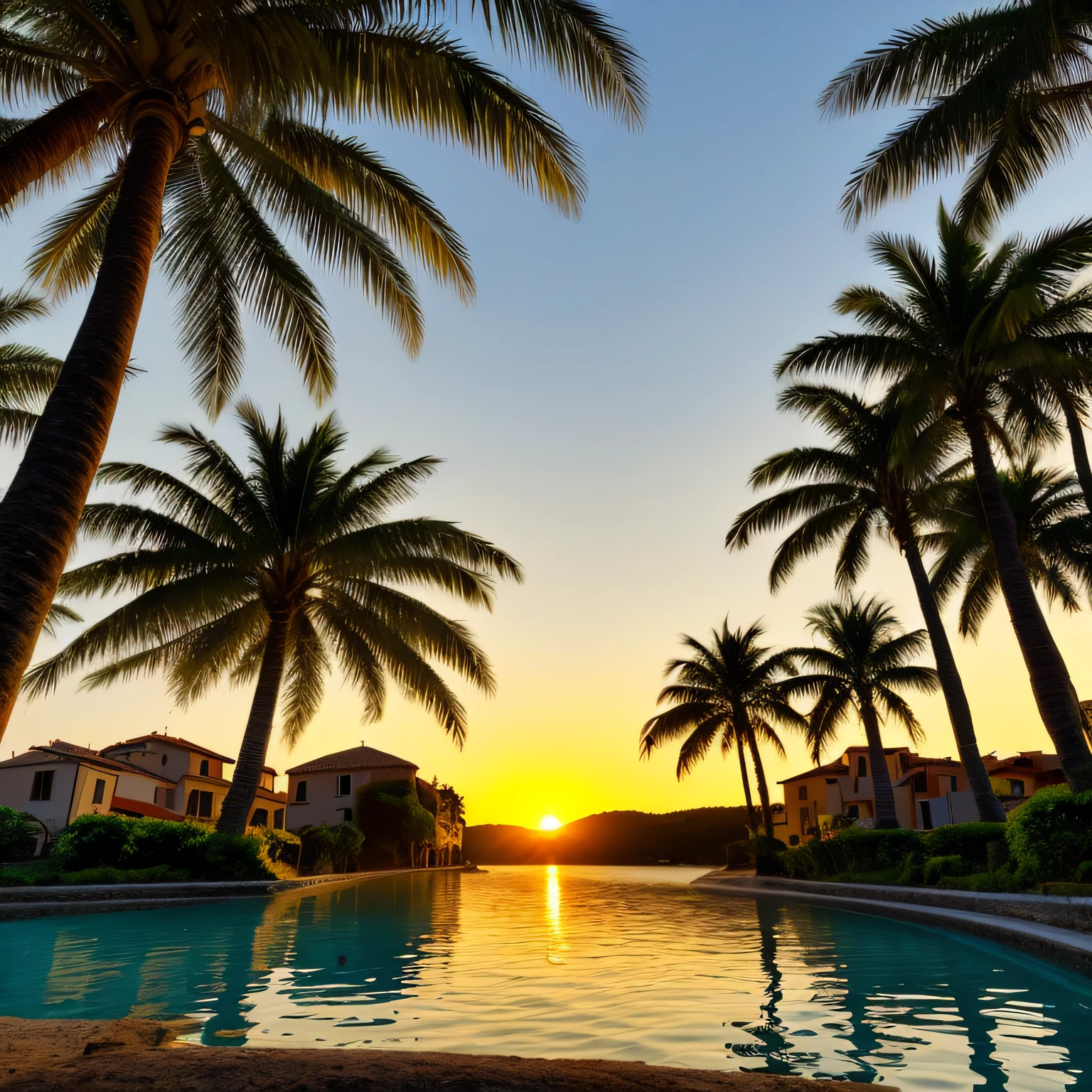 Portrait of an italian village in a tropical forest at sunset with a tropical beach far in the horizon, focus, realistic, perfect, lake, white beach, european castle