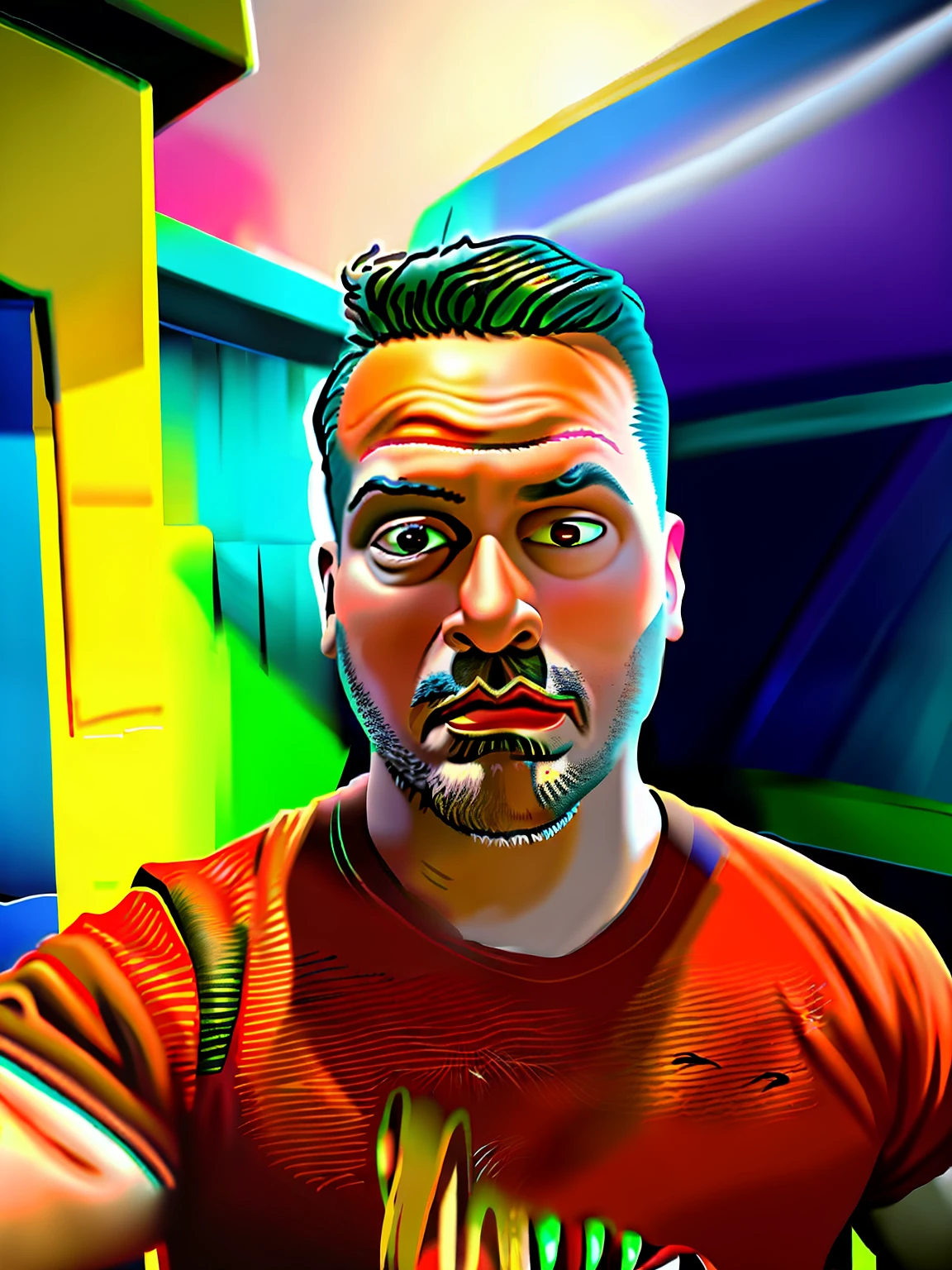 color photo of a realistic cartoon caricature preserving image details", exaggerated facial features without beard, vibrant colors, playful expression, realistic representation of image details, detailed line work, cartoonish elements, exaggerated perspective, surreal background —c 10 —air 2:3