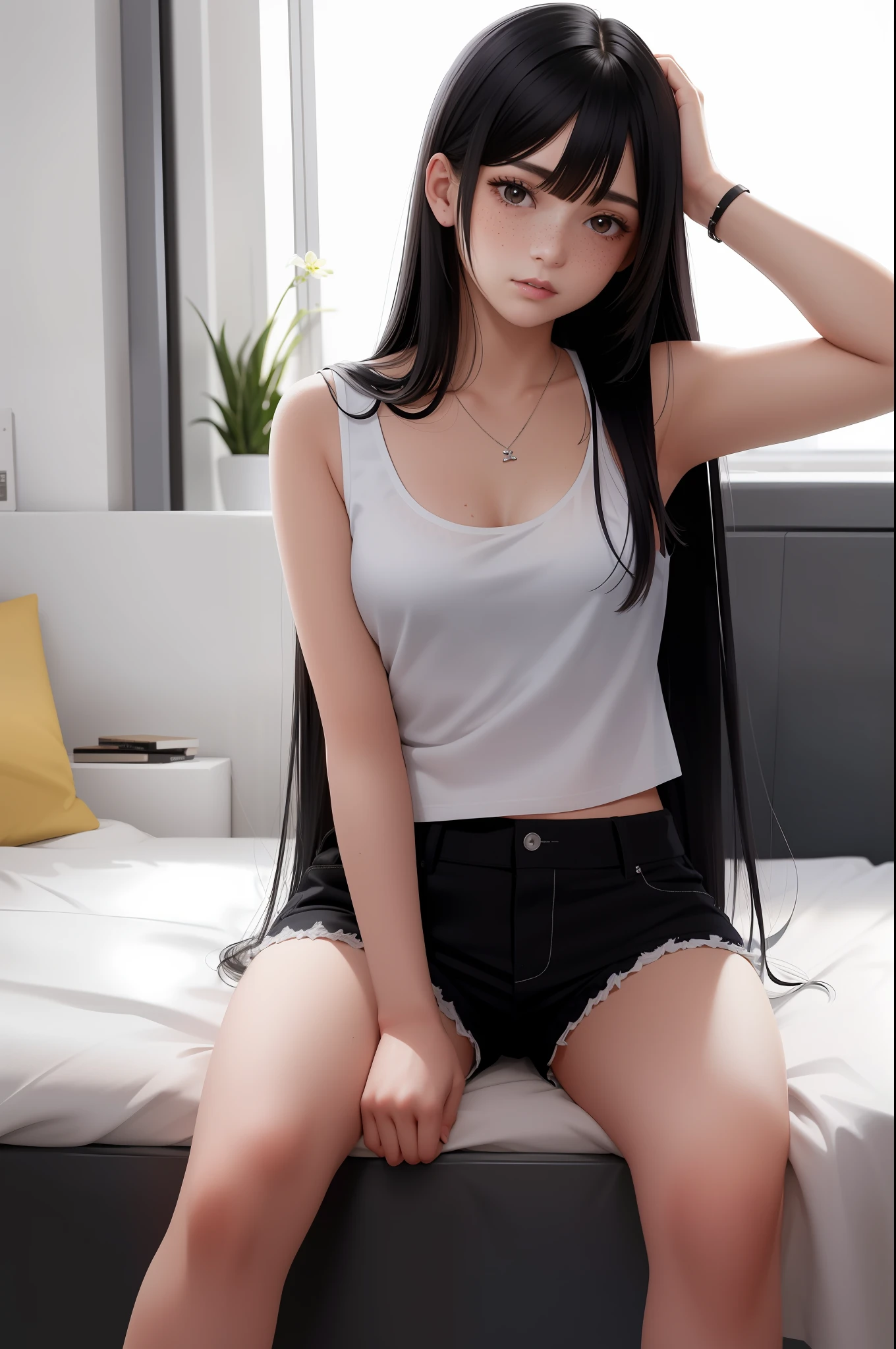 "A 20-year-old with long black hair, brown eyes and freckles. She is wearing a tank top shirt with neckline and shorts, realistic,she is going to sleep in her bed,in her bed is her boyfriend sleeping