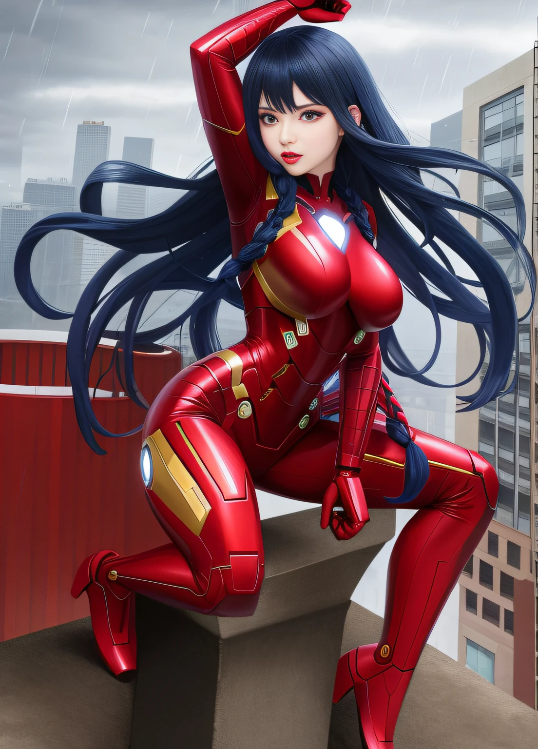 A Woman, full body photo with her feet on the ground, dressed as Iron Man/Spider-Man, tight-fitting suit, immensely gigantic breasts. The woman has long blue hair with braids held by teddy bear barrettes, green eyes, this one with her fists up, her outfit has several weapons attached to her costume. The woman is looking at the viewer, flushed face, heavy makeup on her face, red lipstick. She on top of a tall building raining heavily, her hair and clothes are soaked, rape face, Anime style, anime, Mortal Kombar style, 16k, high quality, award winning, high details, anatomically correct, masterpiece, UHD