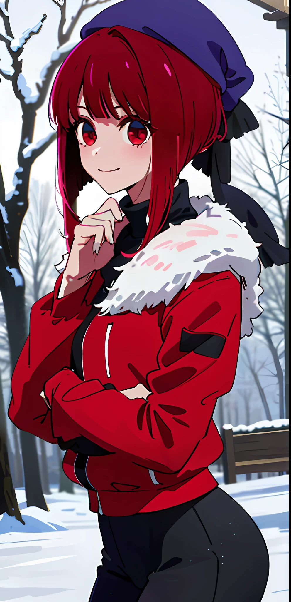 absurdres , highres, (ultra detailed:1.2), girl, 
BREAK
intricate detailed red winter jacket, warm clothes, black pants
BREAK
,red hair, ponytail, smiling, detailed eyes, red iris, beanie, 
BREAK
,winter, trees covered in snow, snow, snowy bushes