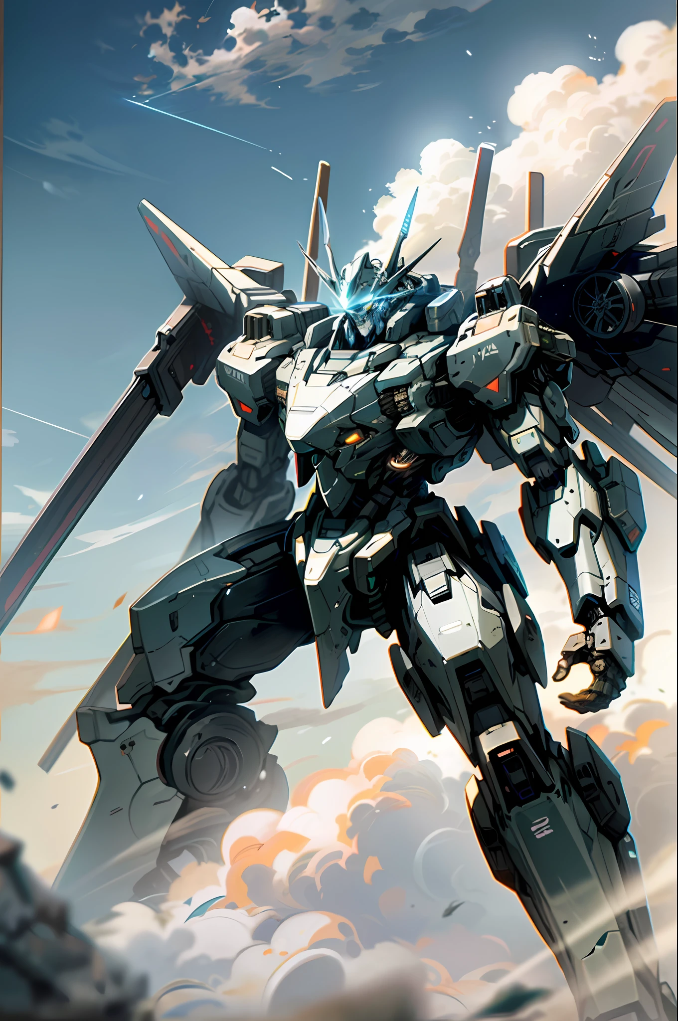 Unknown mecha with high quality mecha robot CG image, fog, clouds, blue sky and weapon against the background of a futuristic city of science and technology with glowing eyes. Black Mecha